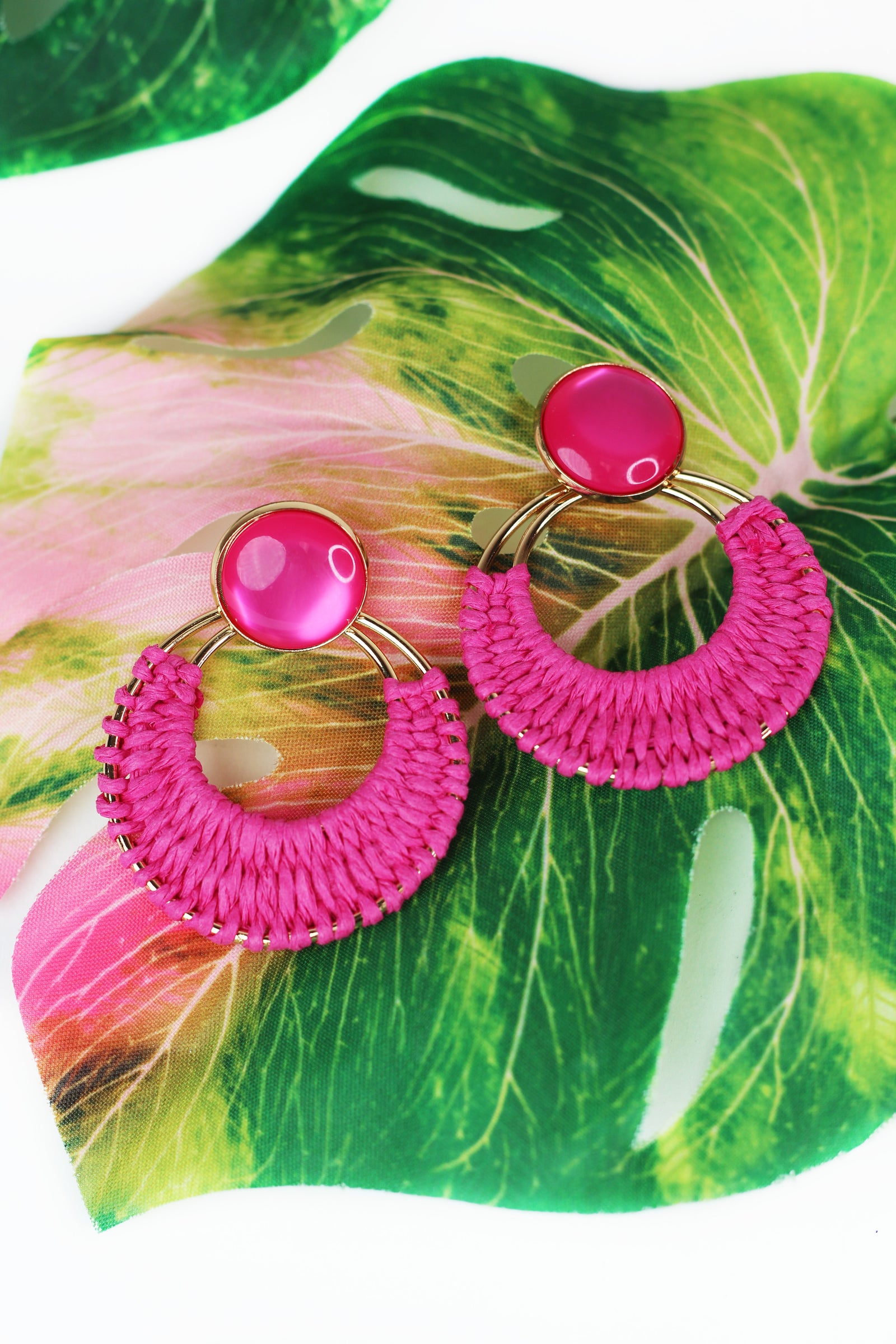Round Stone & Dangling Raffia Hoop Earrings
