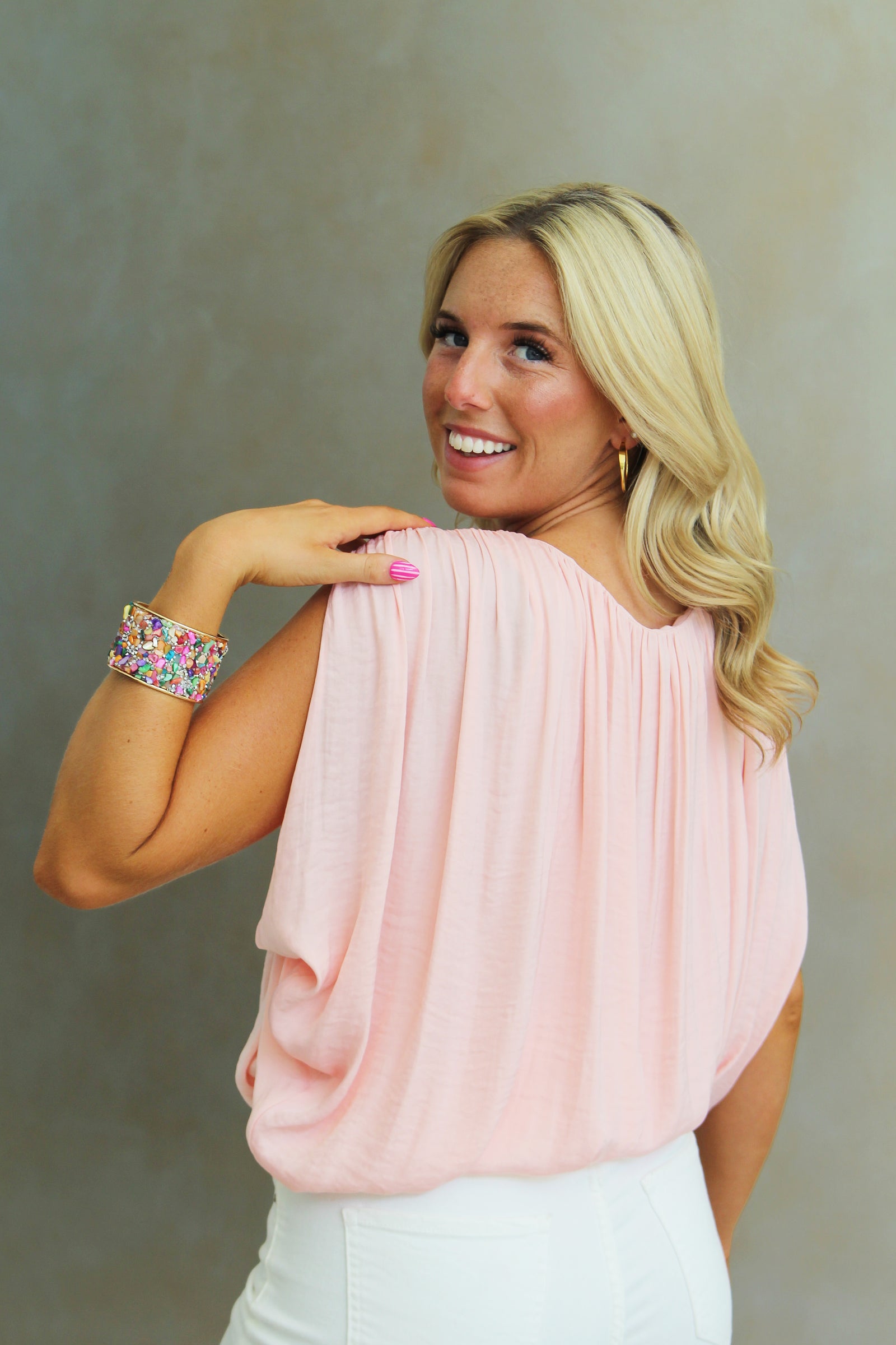 Gathered Neck Bubble Top w/ Open Sleeve