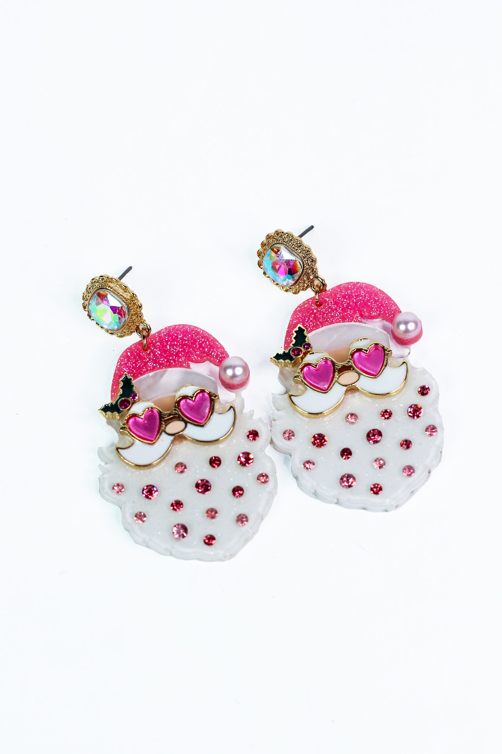 Santa w/ Heart Glasses & Stone Accent Epoxy Earrings