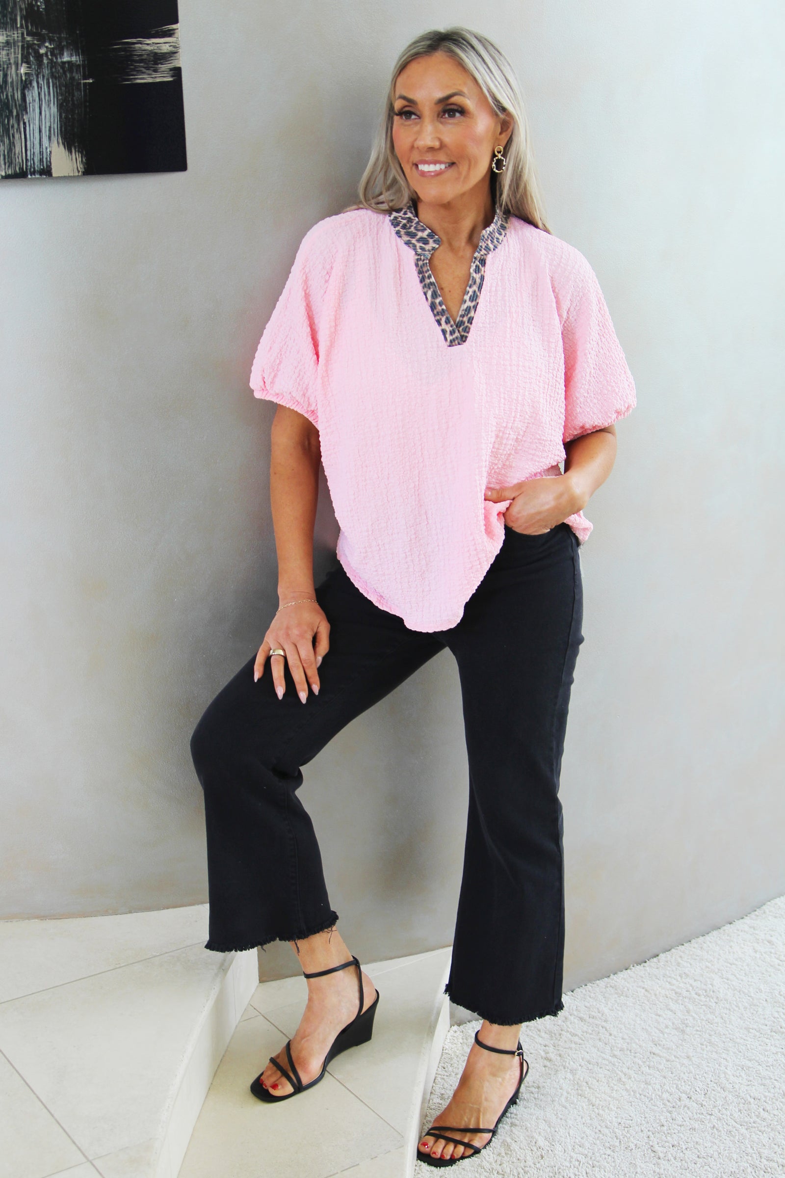 V-Neck Puckered Knit Top w/ Leopard Neck Trim