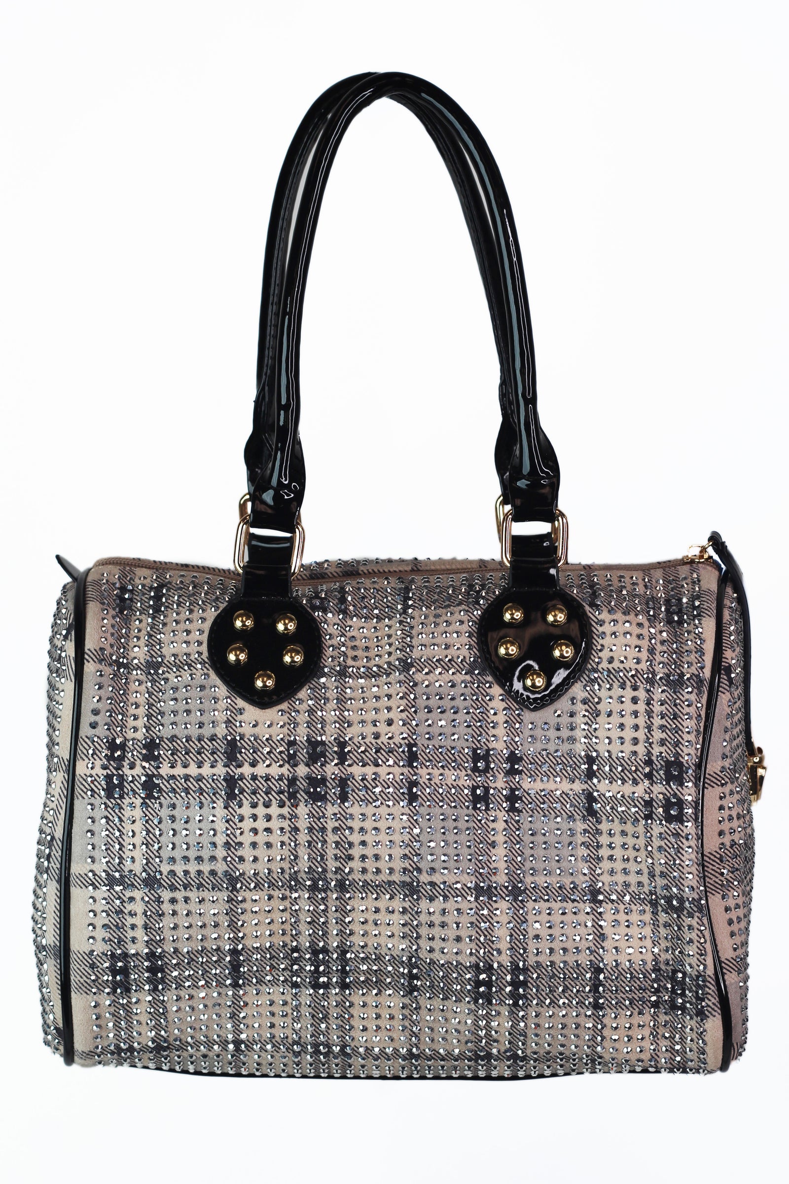 All Over Rhinestone Duffle Purse w/ Faux Patent Leather Accents