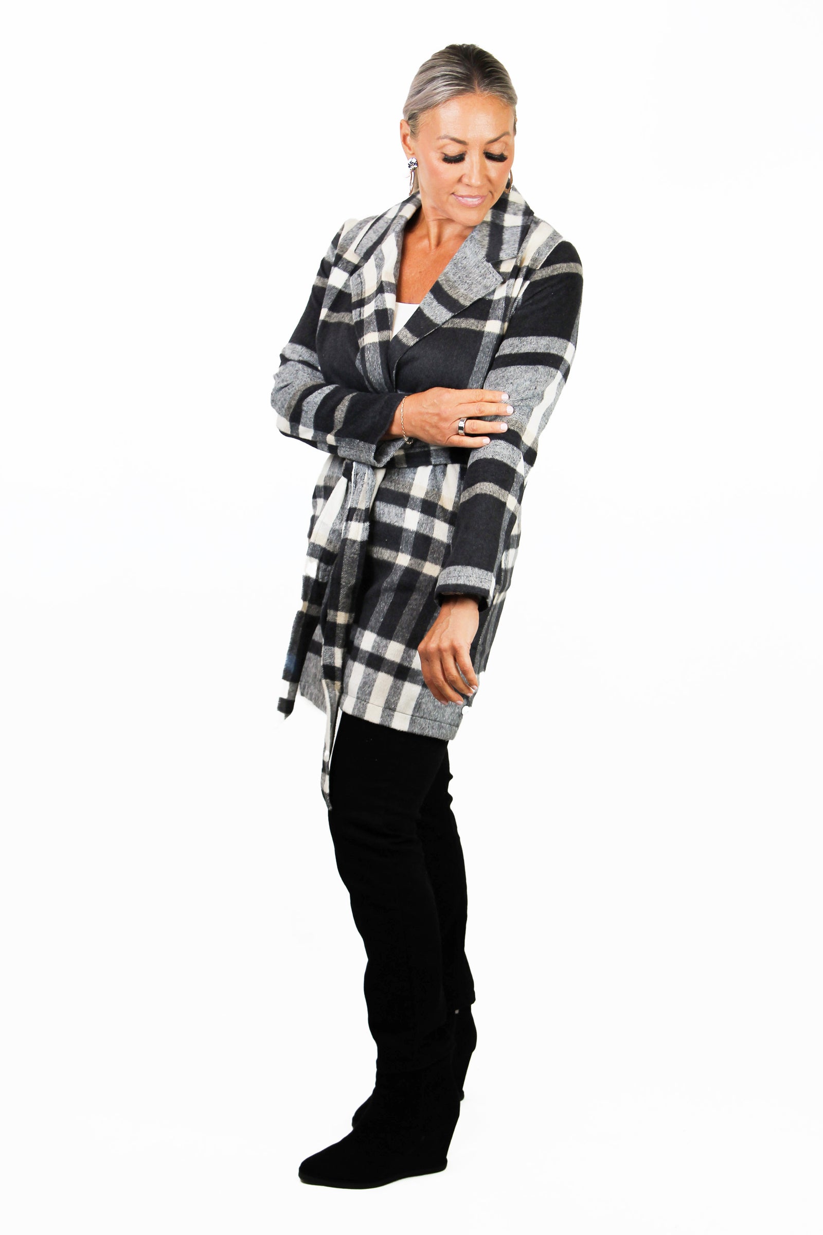 Soft Plaid Unlined Jacket w/ Waist Belt