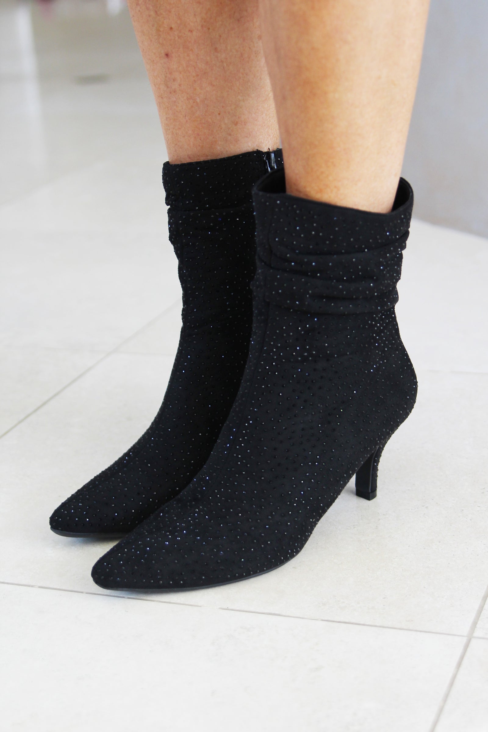 Slouch Rhinestone Ankle Bootie 3 inch heel