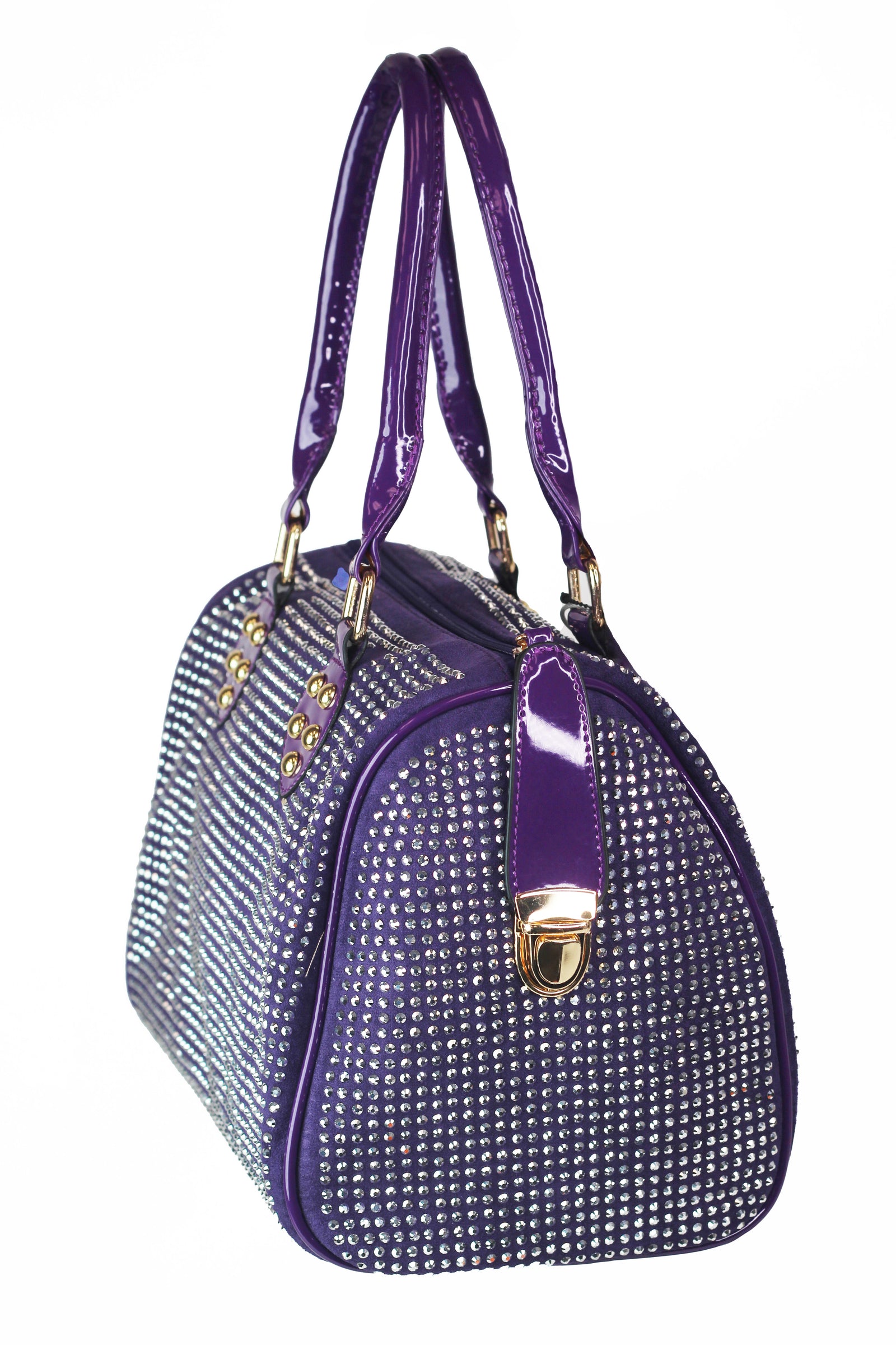 All Over Rhinestone Duffle Purse w/ Faux Patent Leather Accents