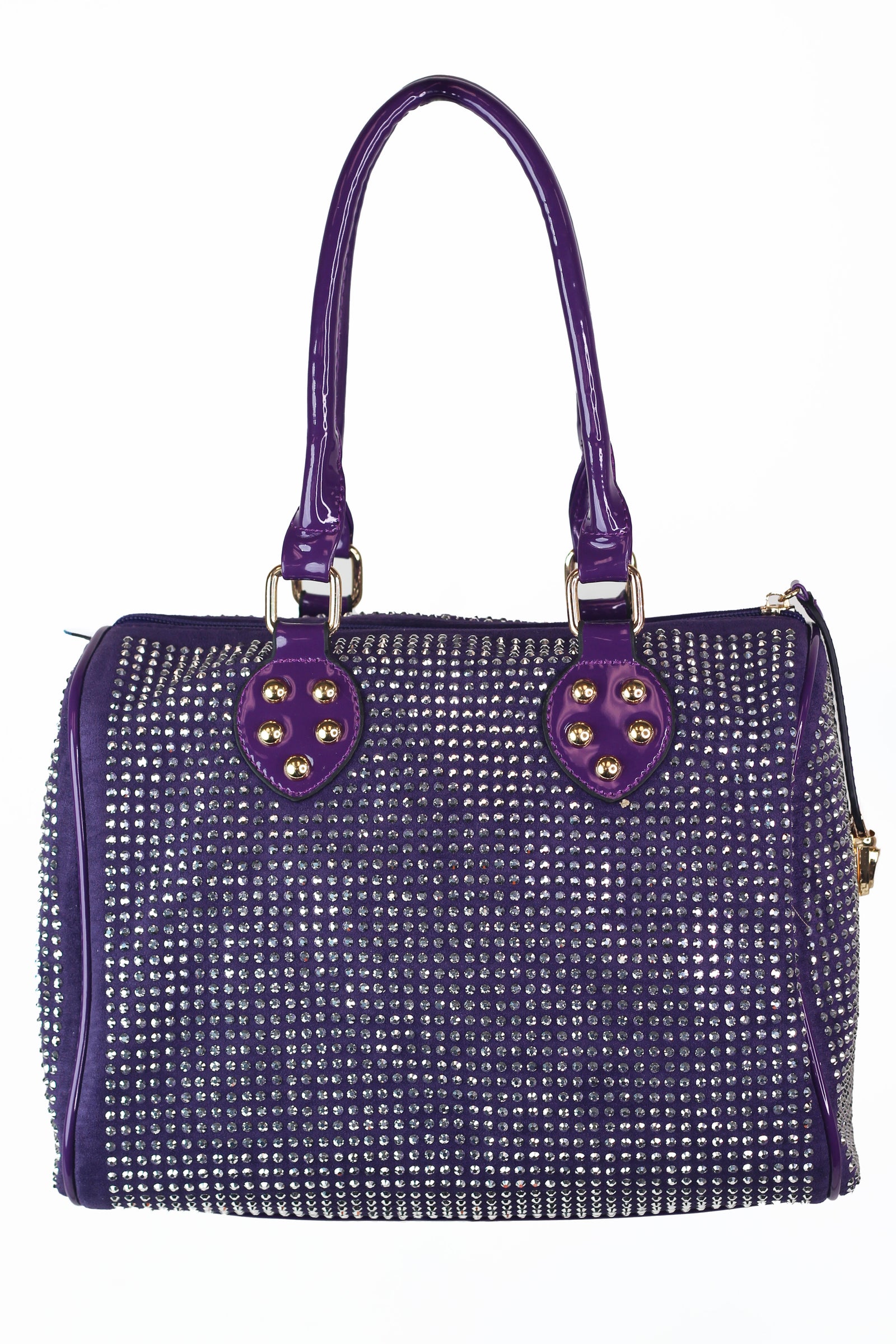 All Over Rhinestone Duffle Purse w/ Faux Patent Leather Accents