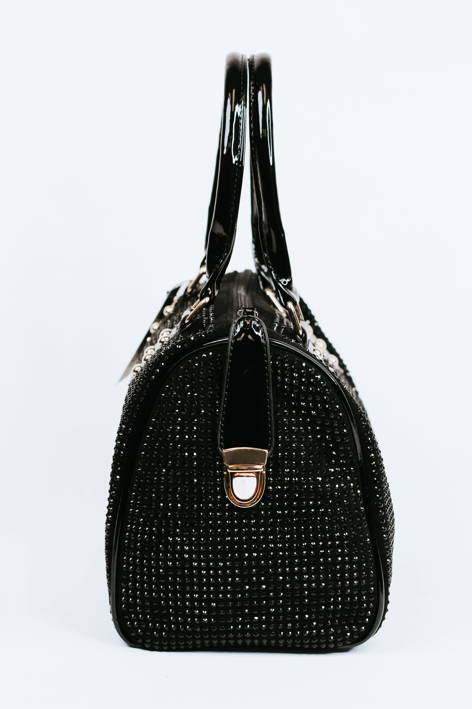 All Over Rhinestone Duffle Purse w/ Faux Patent Leather Accents