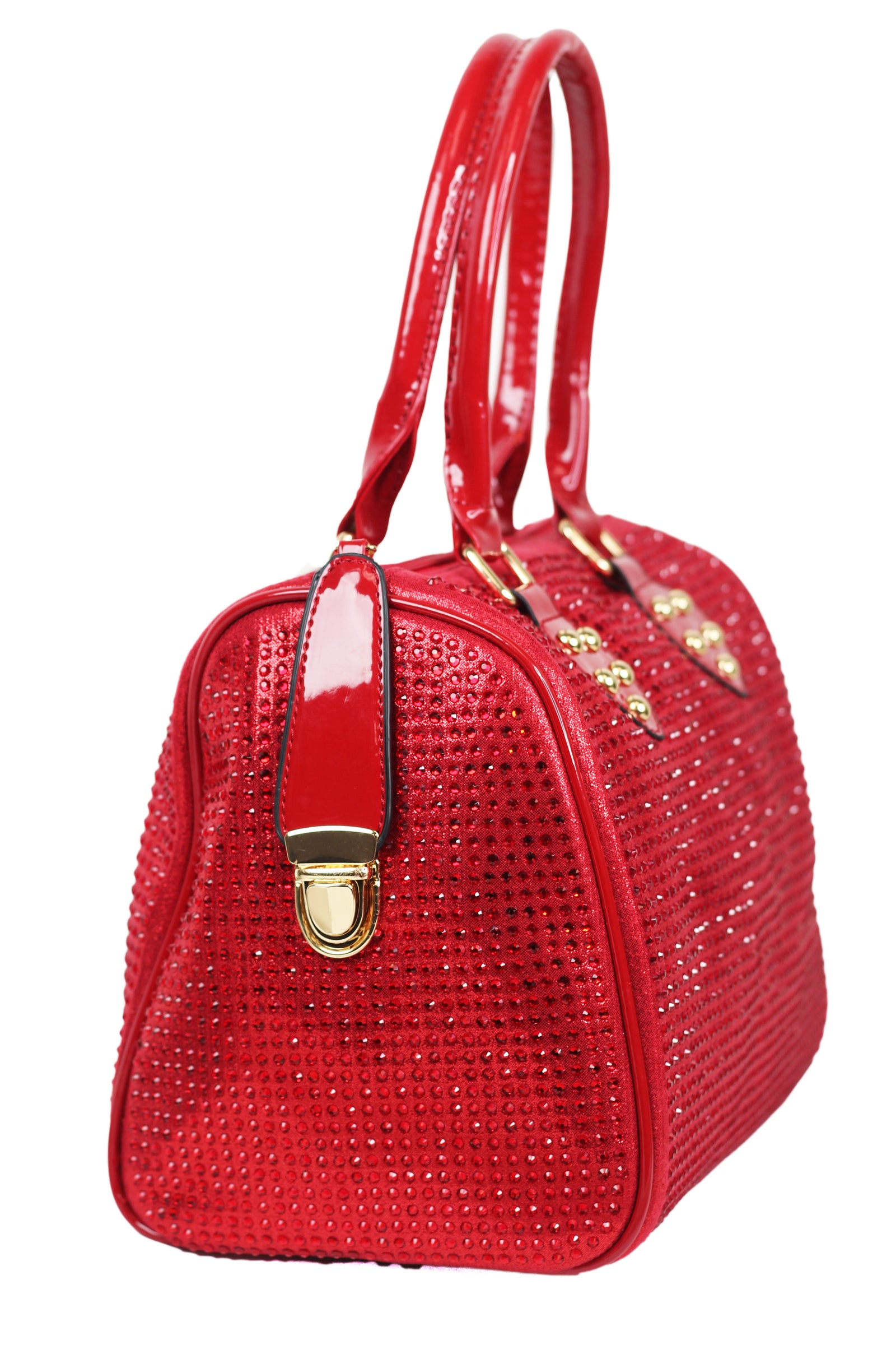 All Over Rhinestone Duffle Purse w/ Faux Patent Leather Accents