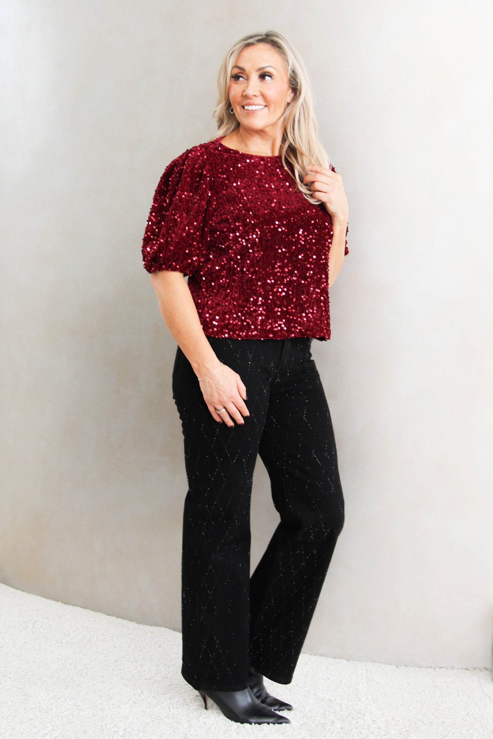 Velvet Sequin Round Neck Puff Sleeve Top