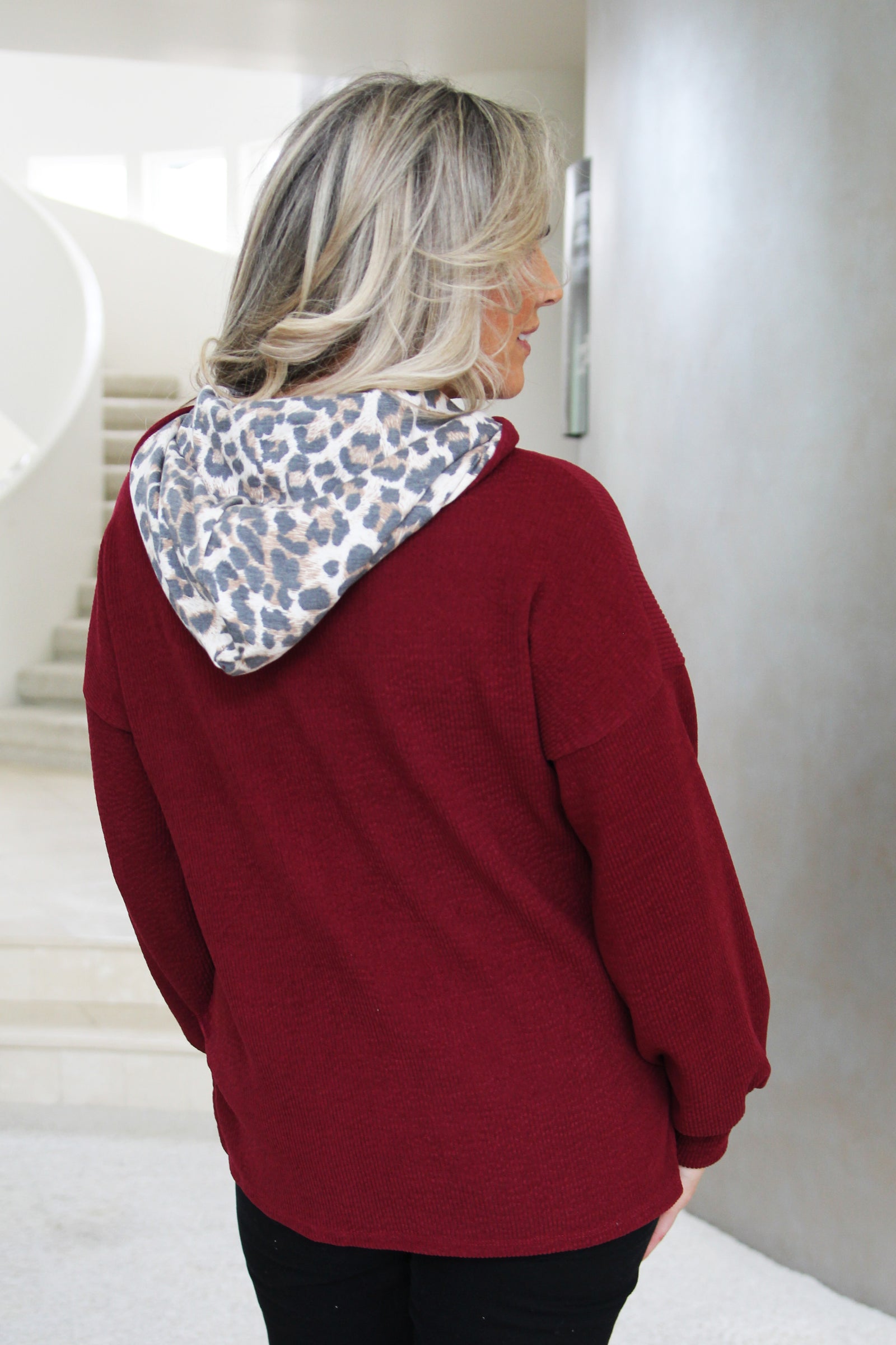 Pullover Sweater W/ Accent Leopard Hood & Drawstrings