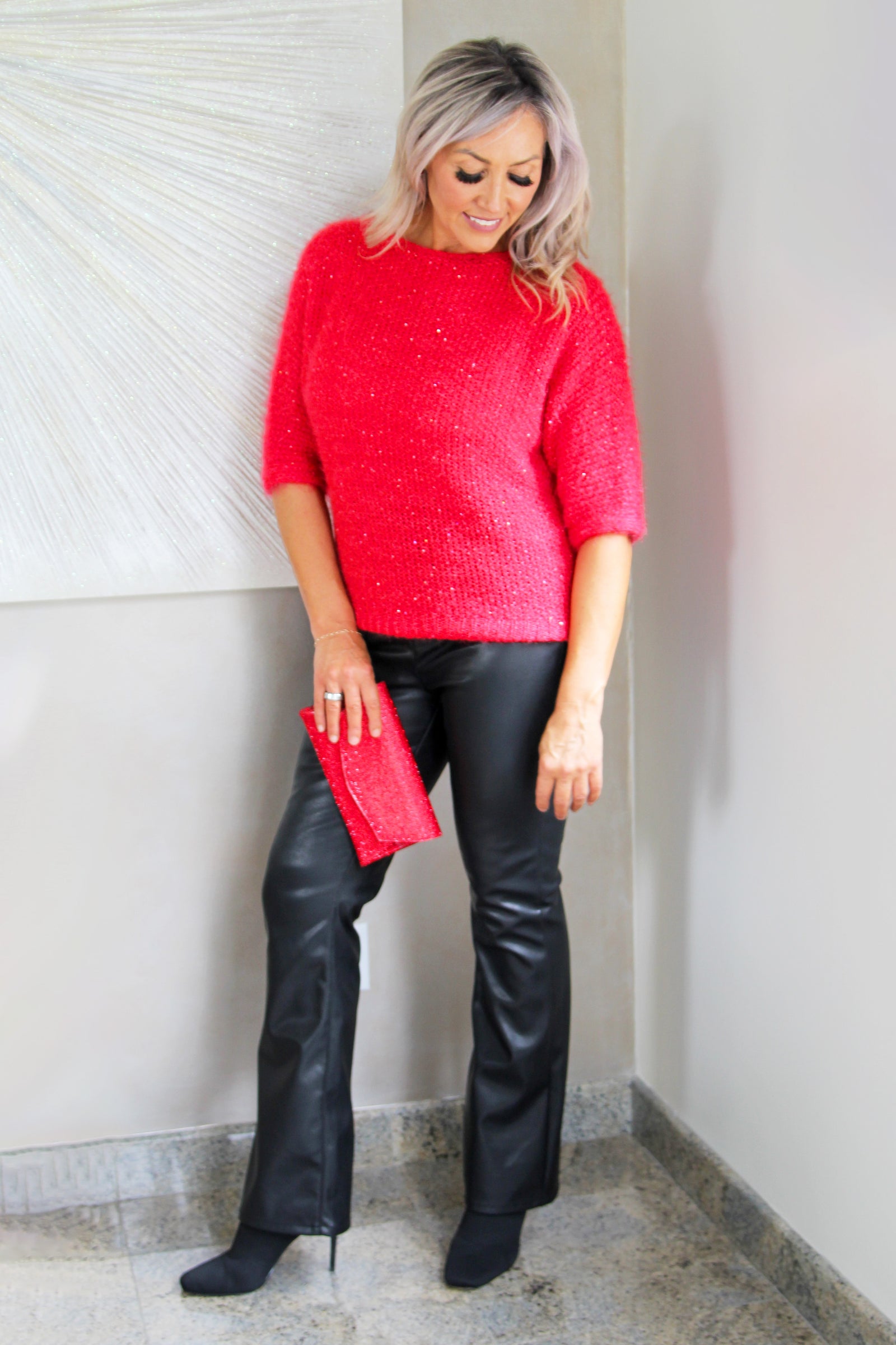 Short Sleeve Fluffy Sweater w/ Sequin Accents