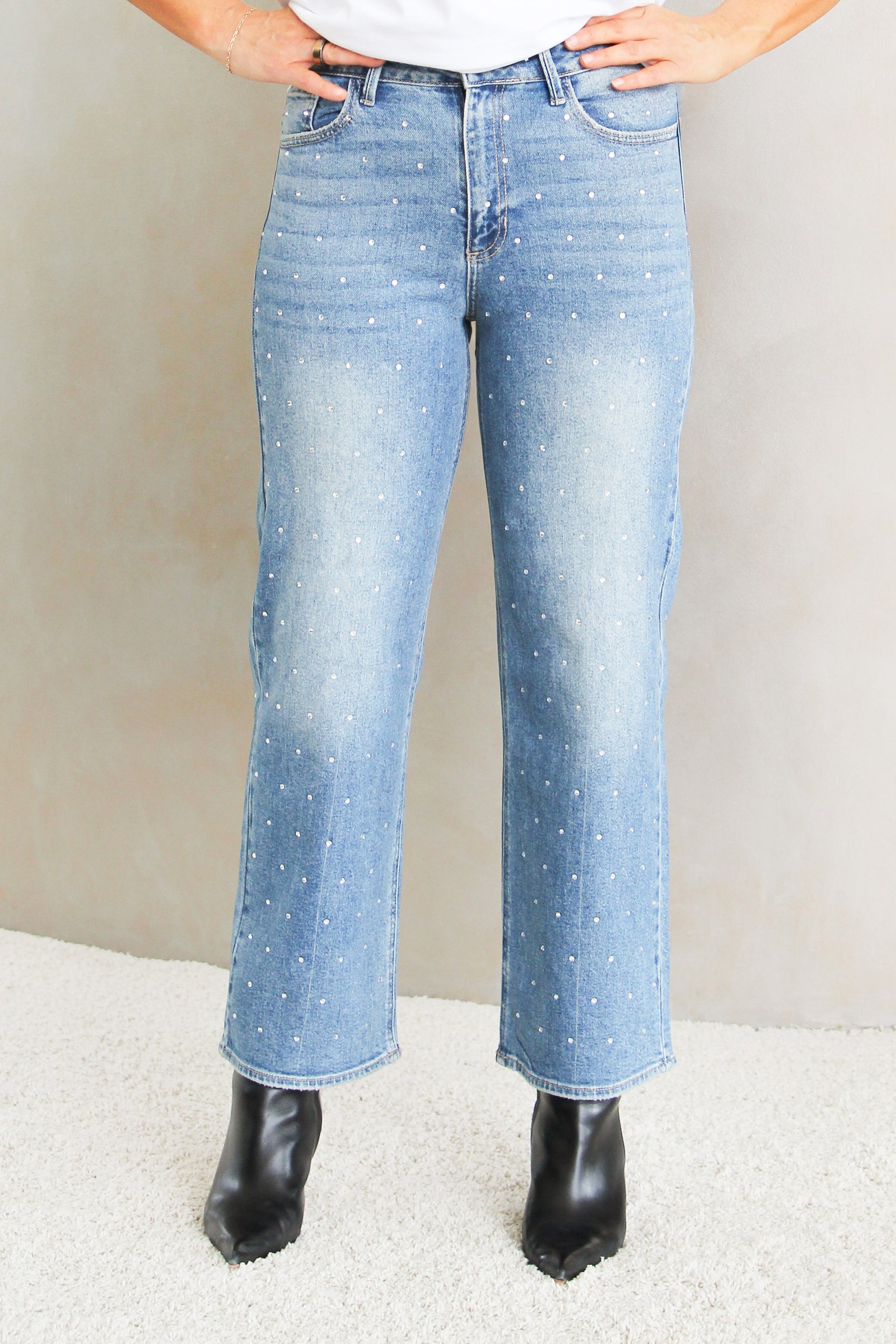 All Over Rhinestone Embellishment Vintage Straight Leg Jeans Jeans