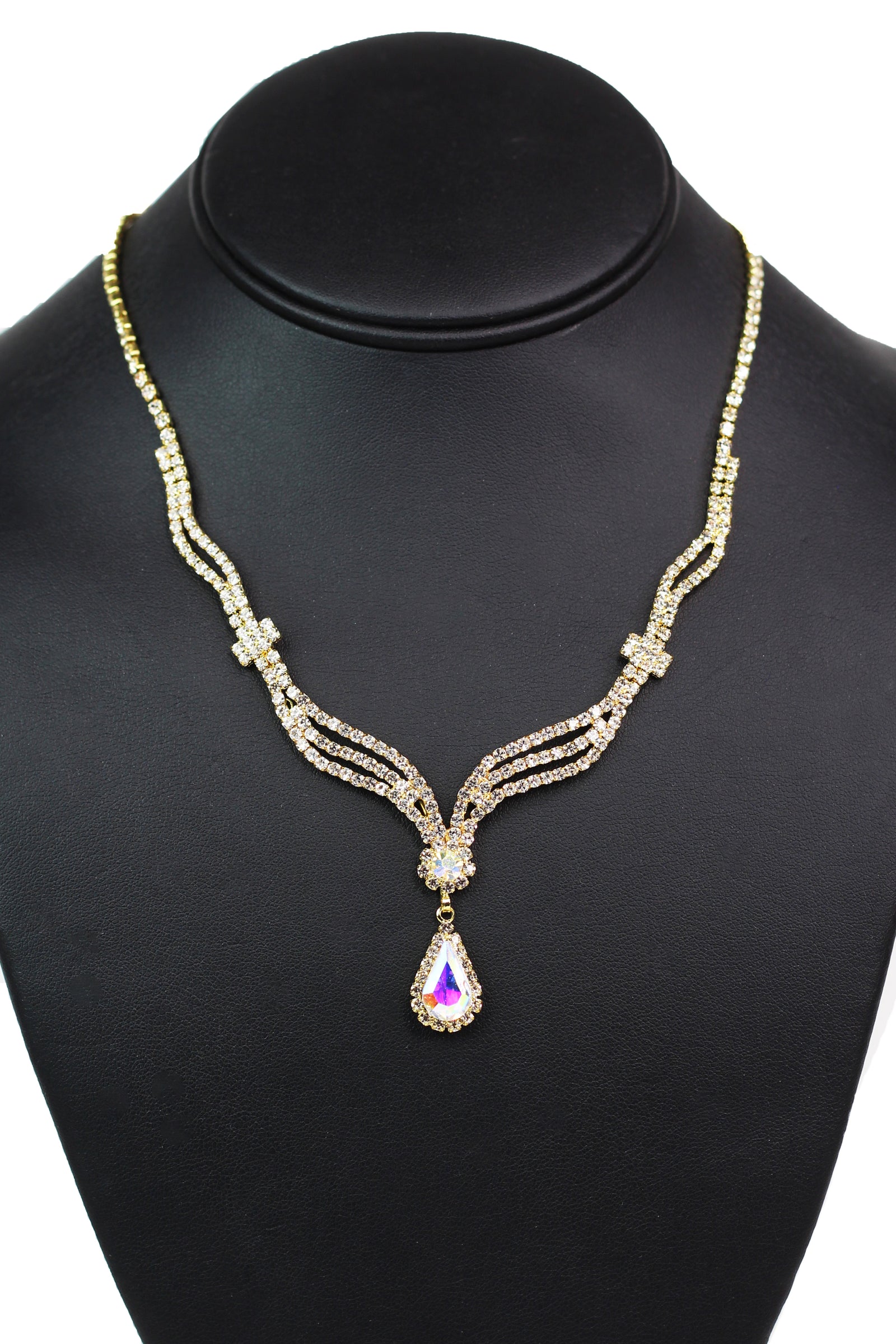 Rhinestone 3 Wavy Bars Flower & Teardrop Necklace - Glitz & Ears Boutique