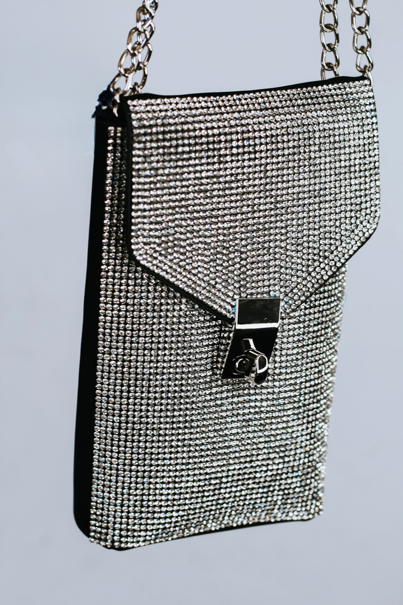 Rhinestone Front Rectangle Crossbody Pouch w/ Flap Closure
