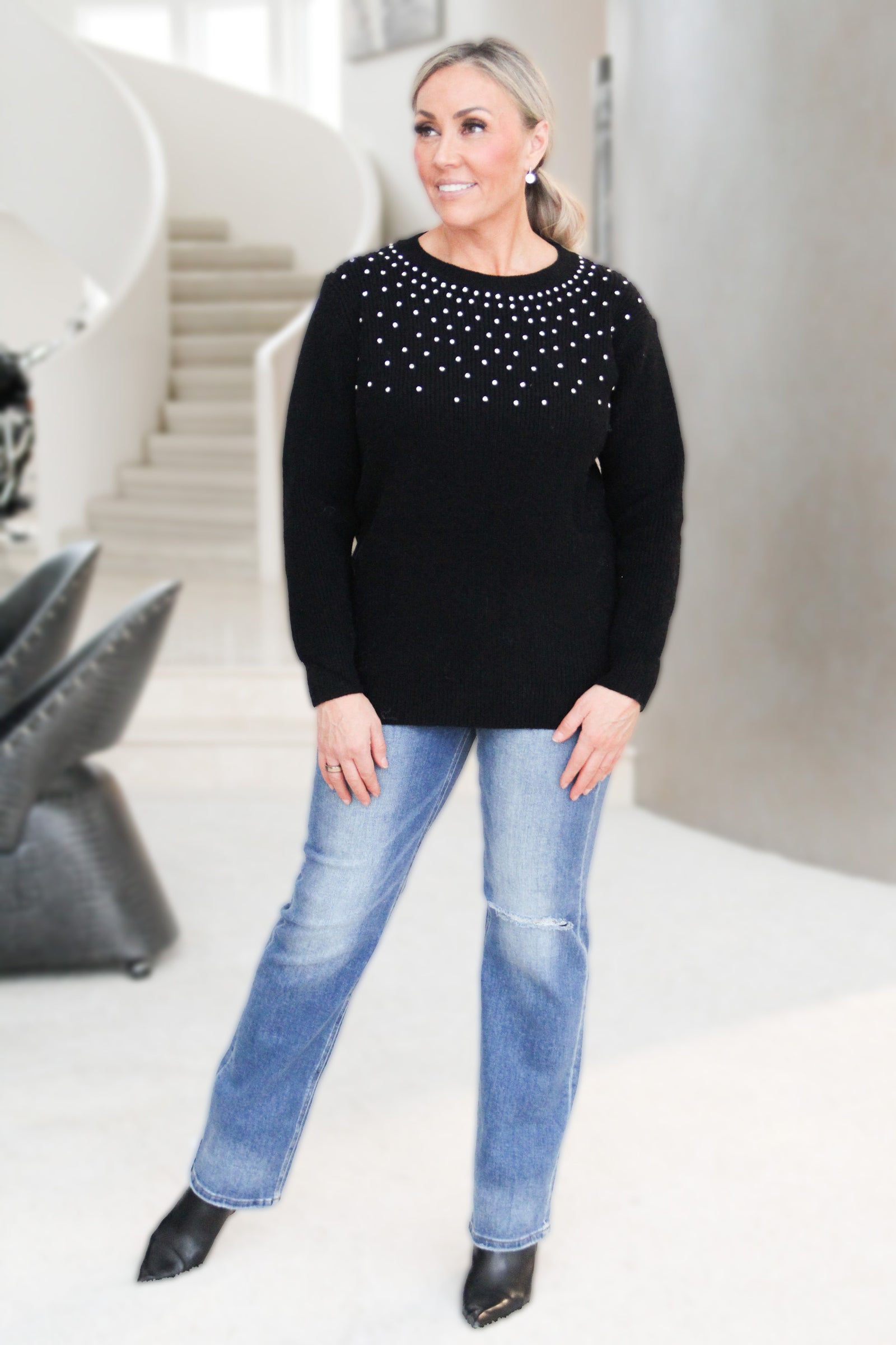 Long Sleeve Knit Sweater w/ Cubic Rhinestone Accent Front