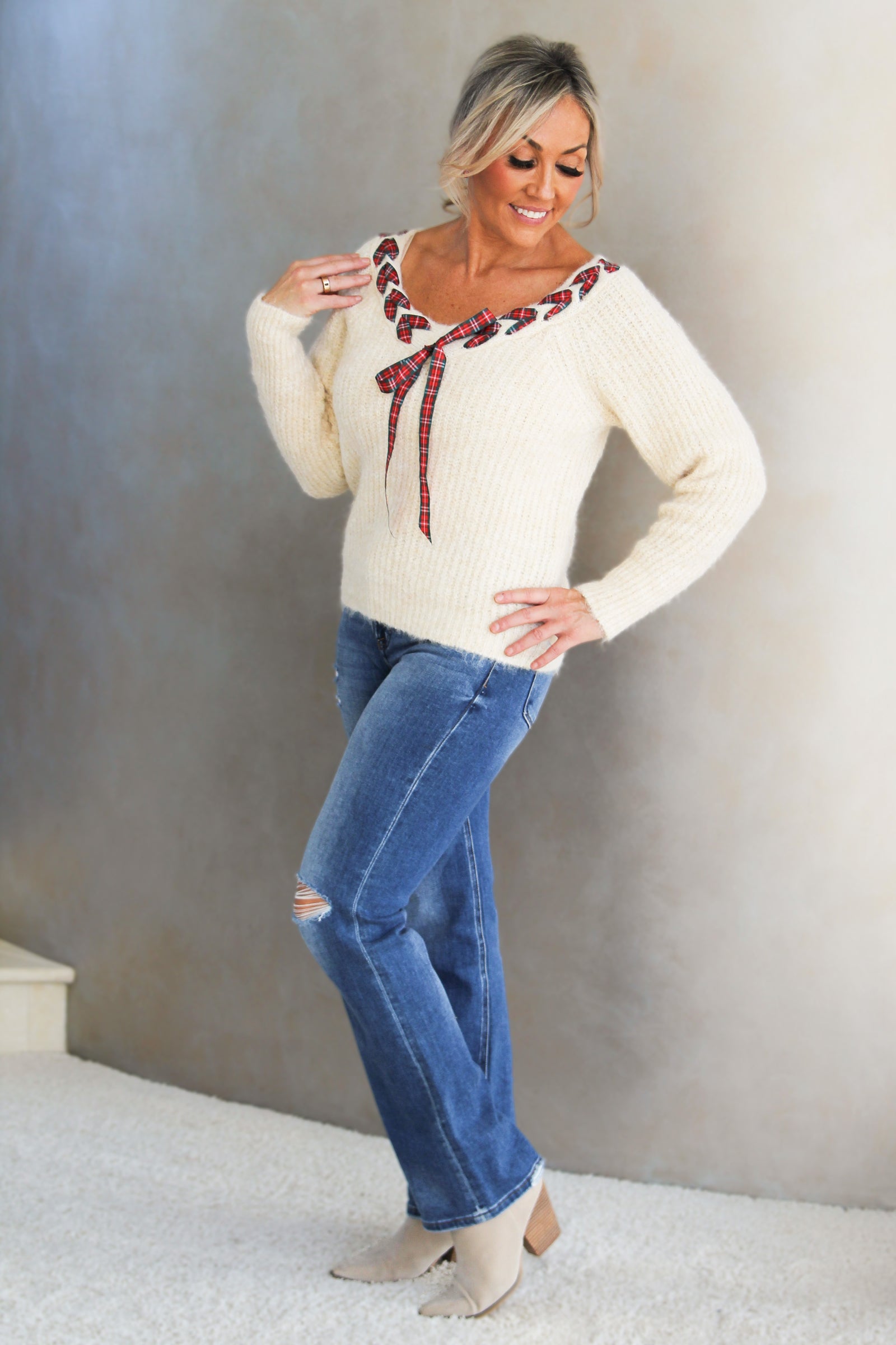 Fuzzy V-Neck Sweater w/ Christmas Plaid Ribbon Accent