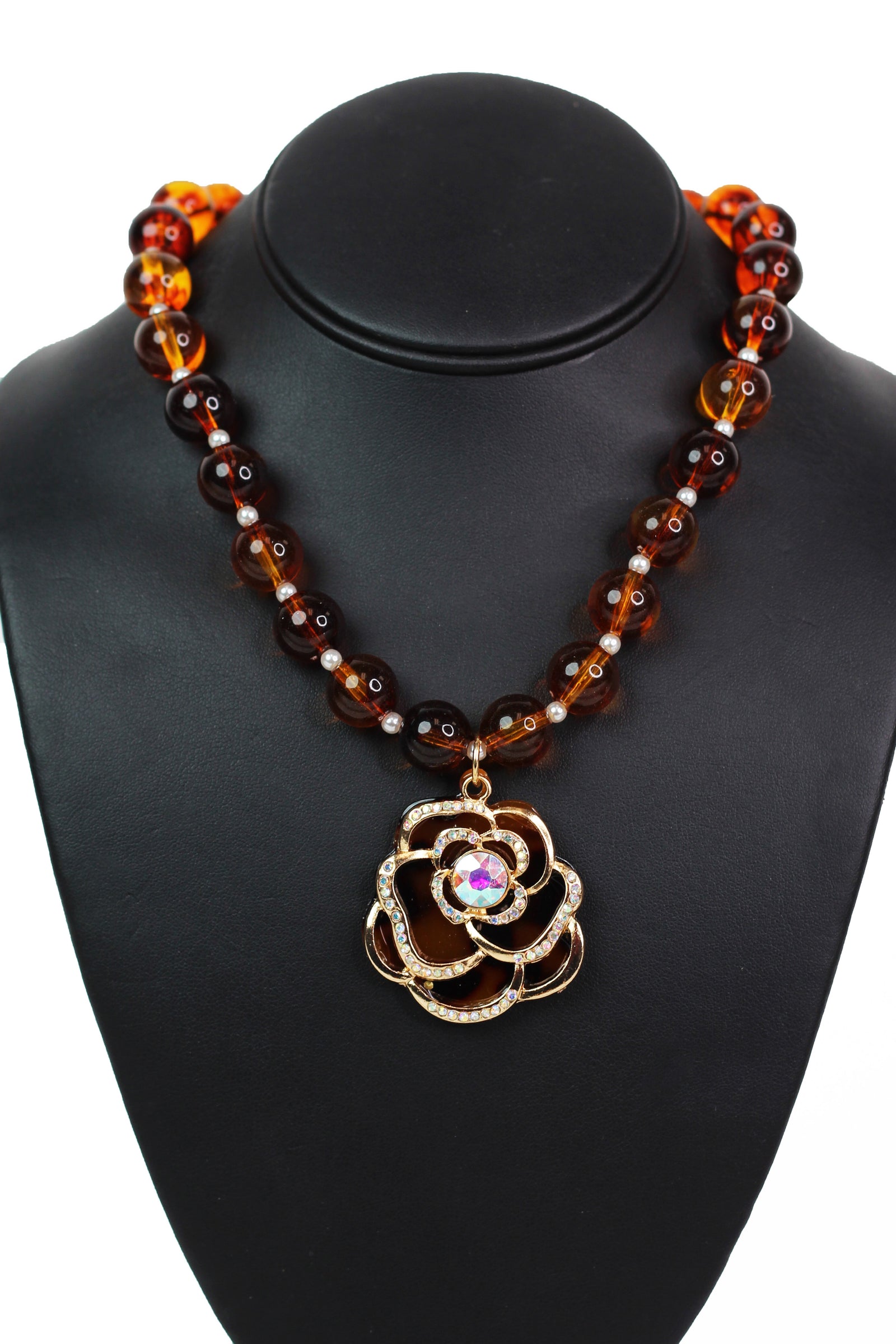 Bead & Pearl Necklace w/ Pave Trimmed Rose Pendant