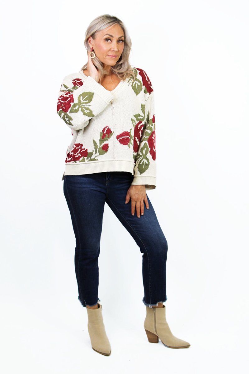 Floral V-Neck A-Line Sweater