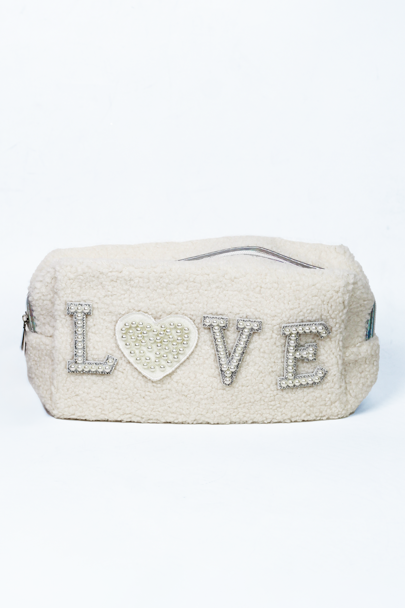 Rhinestone & Pearl Love Heart Furry Pouch