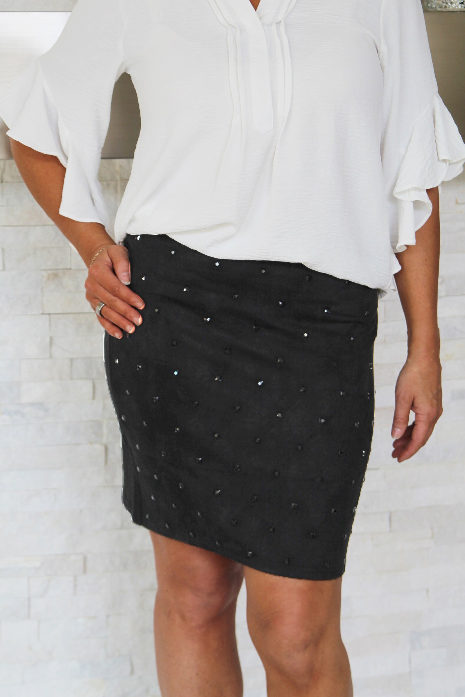 Suede Black Rhinestone Stretch Mini Skirt