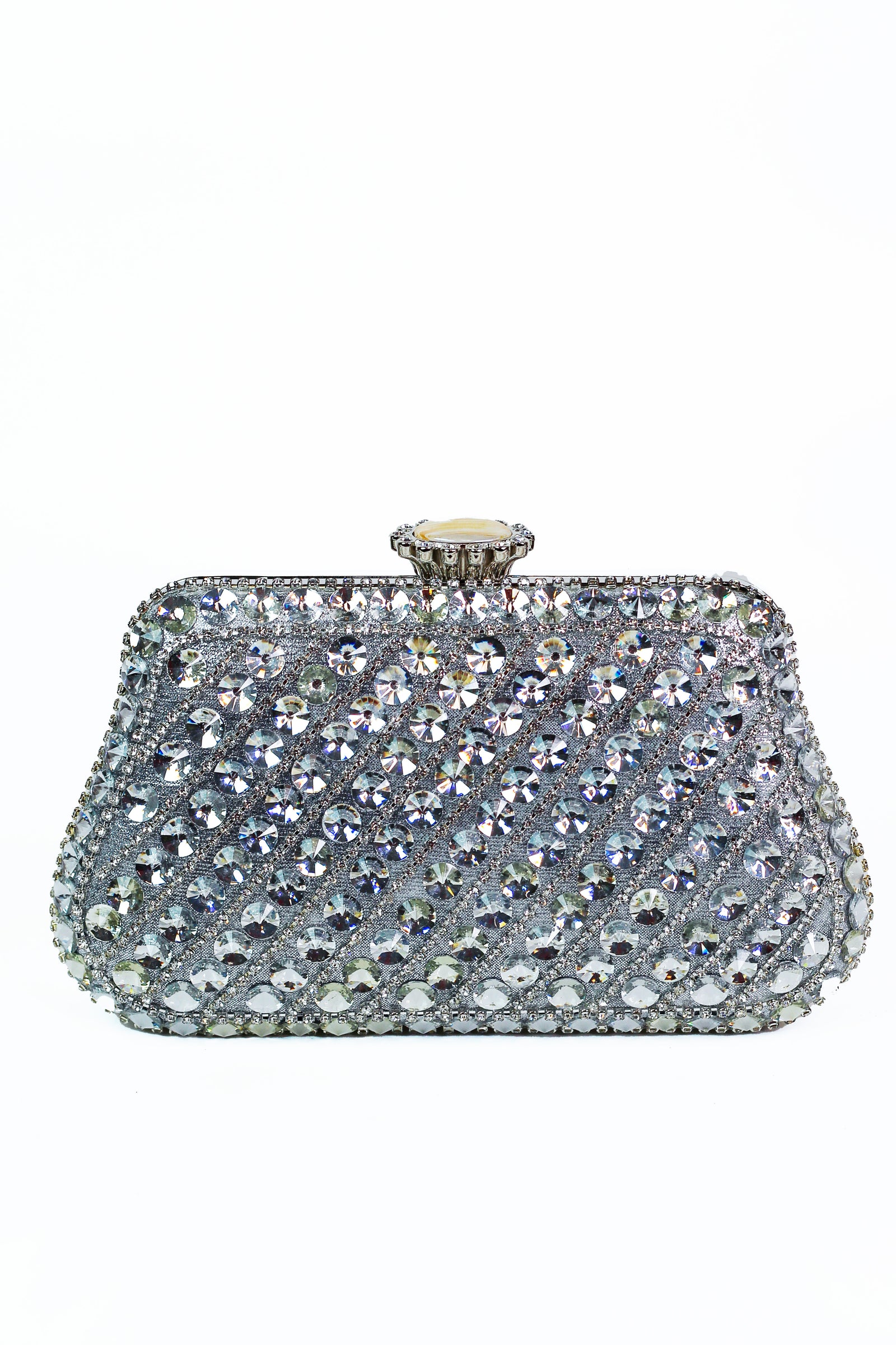 Pave & Round Stones Diagonal Lines Clutch w/ Oval Closure