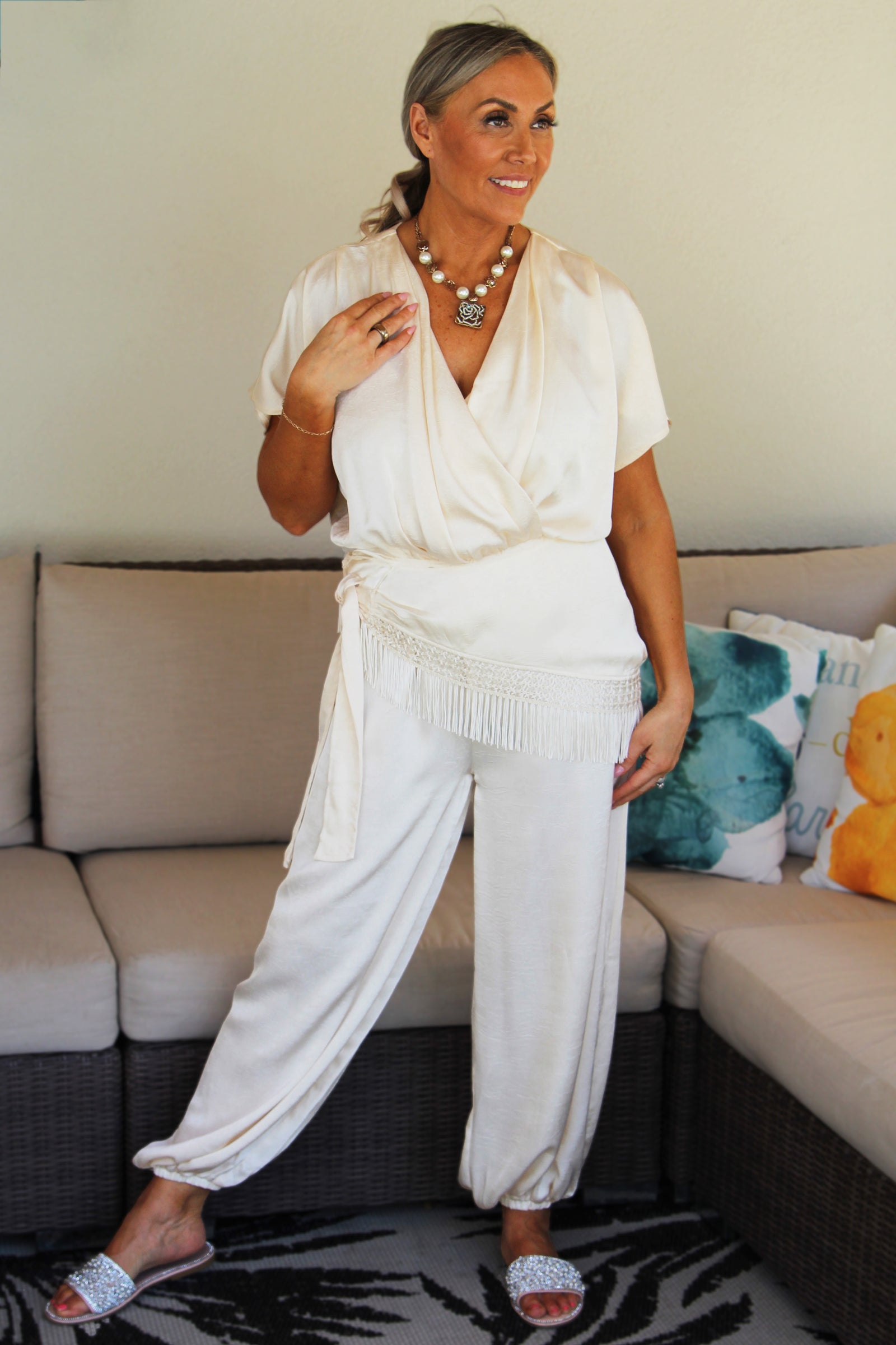 Silky Short Sleeve V-Neck Jumpsuit w/ Attached Fringe Trim Overlay