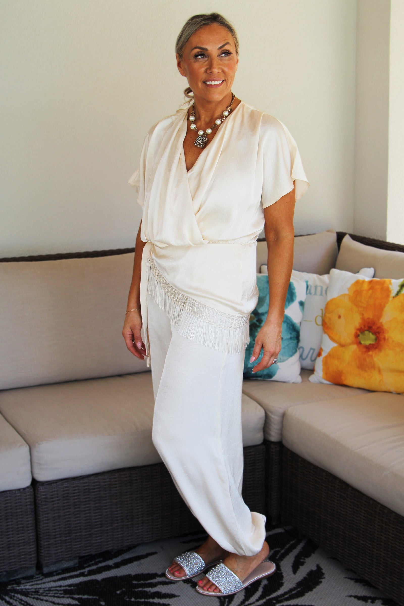Silky Short Sleeve V-Neck Jumpsuit w/ Attached Fringe Trim Overlay