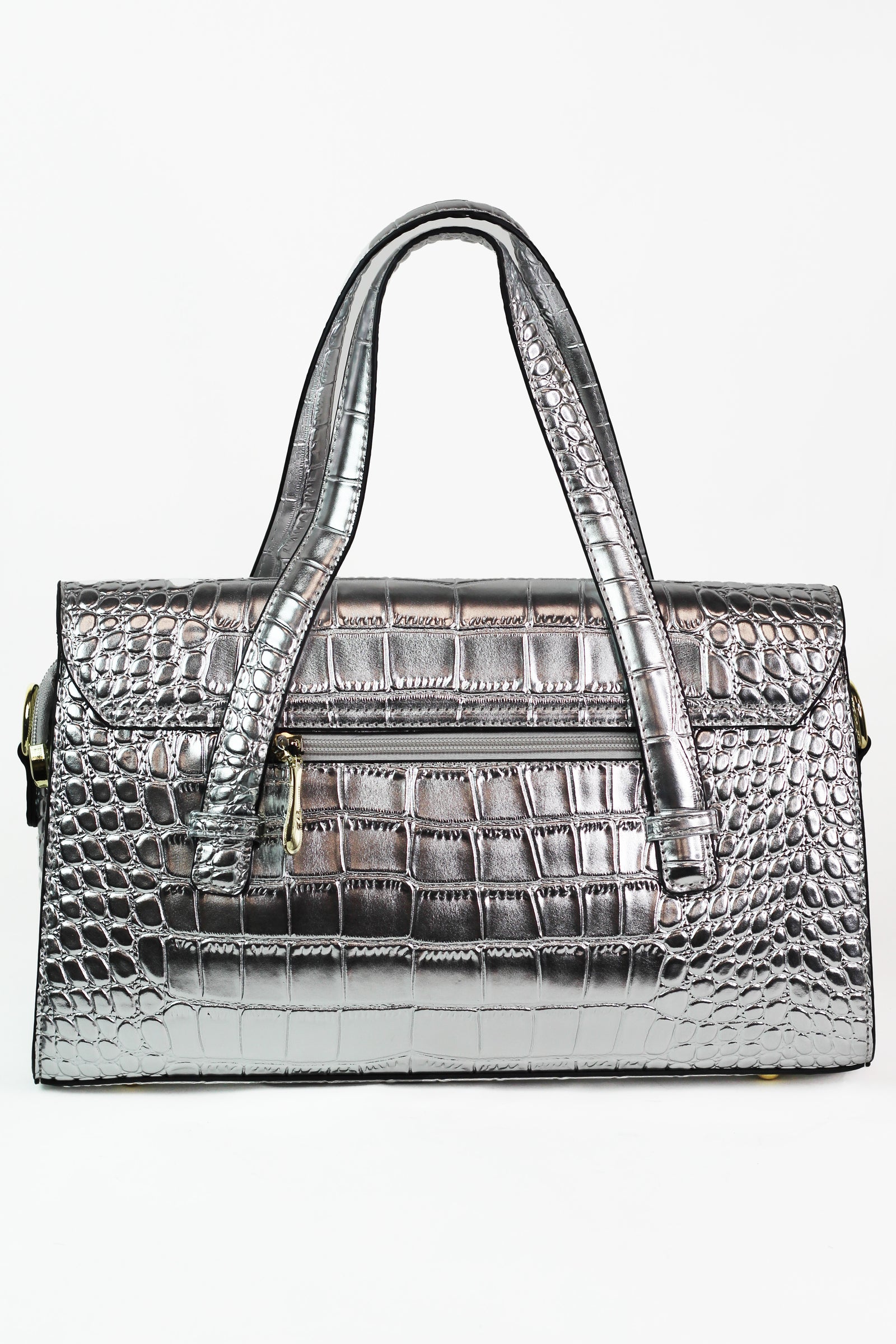 Faux Reptile Envelope Handbag w/ Rhinestone Floral Trim