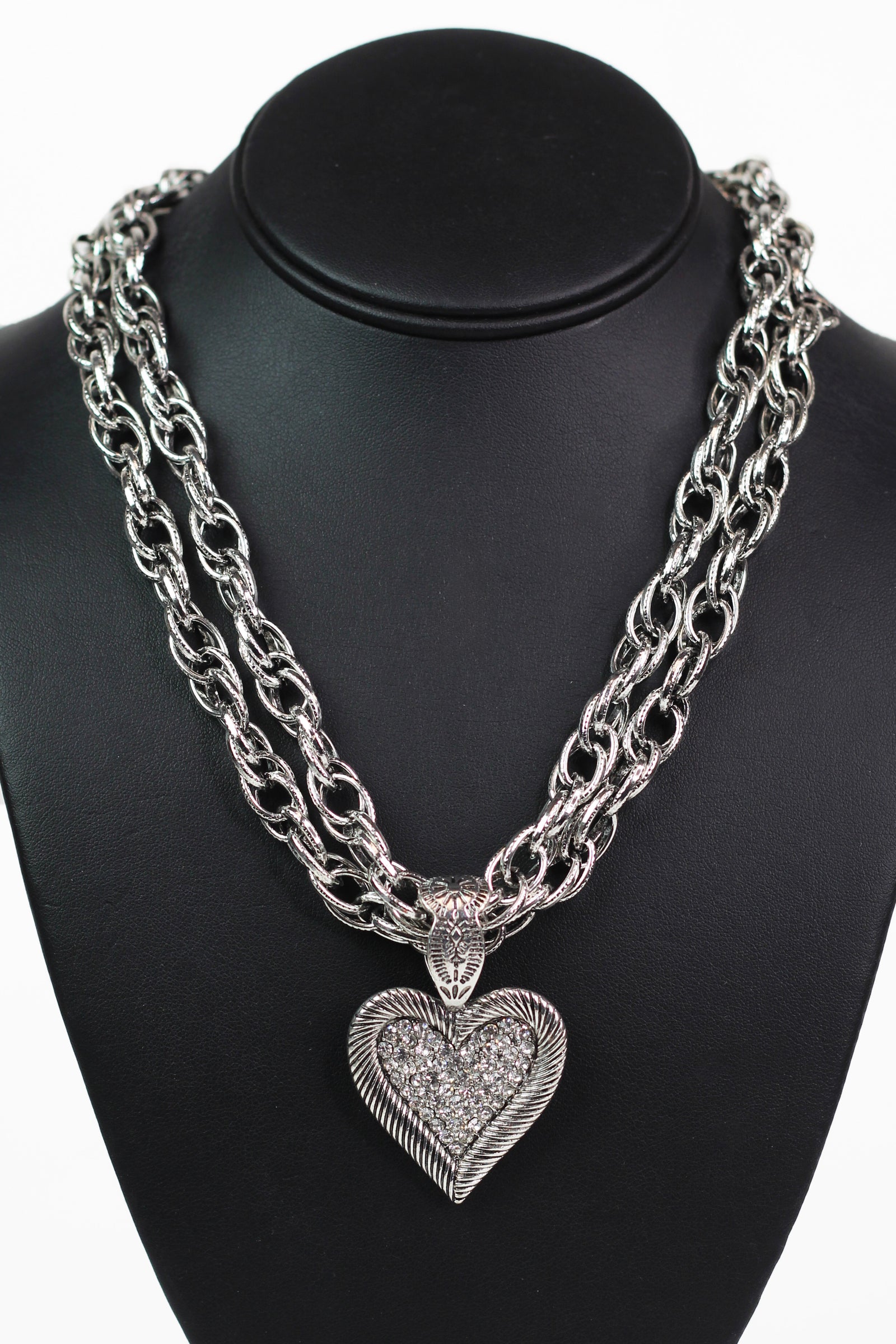 Metal & Rhinestone Heart Pendant Double Chain Necklace