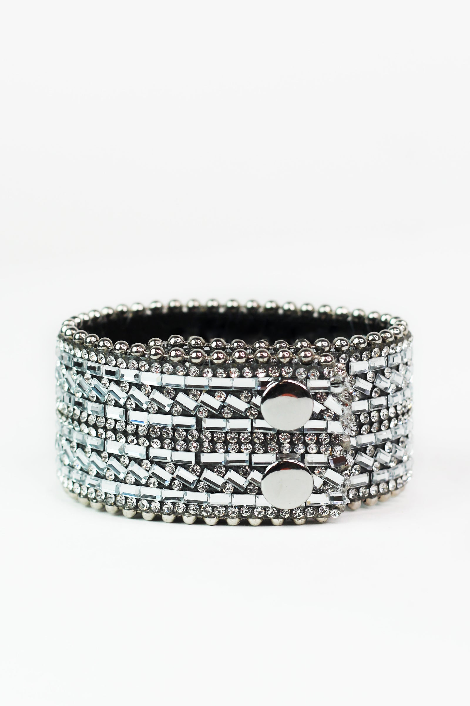 Rhinestone & Baguette Stripes Genuine Leather Snap Bracelet