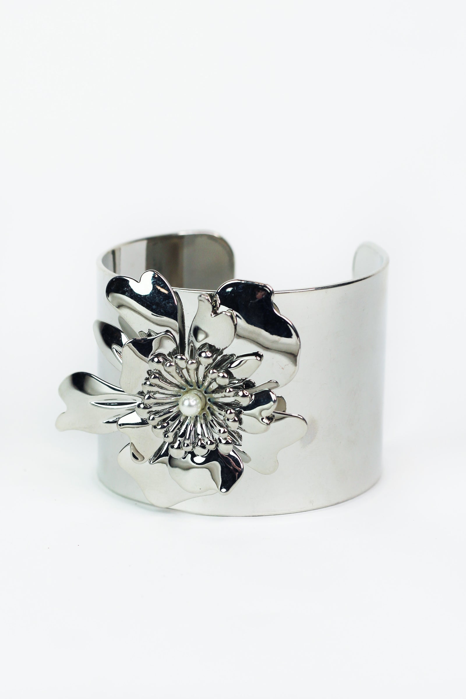 Large Metal Flower & Pearl Accent Cuff Bracelet