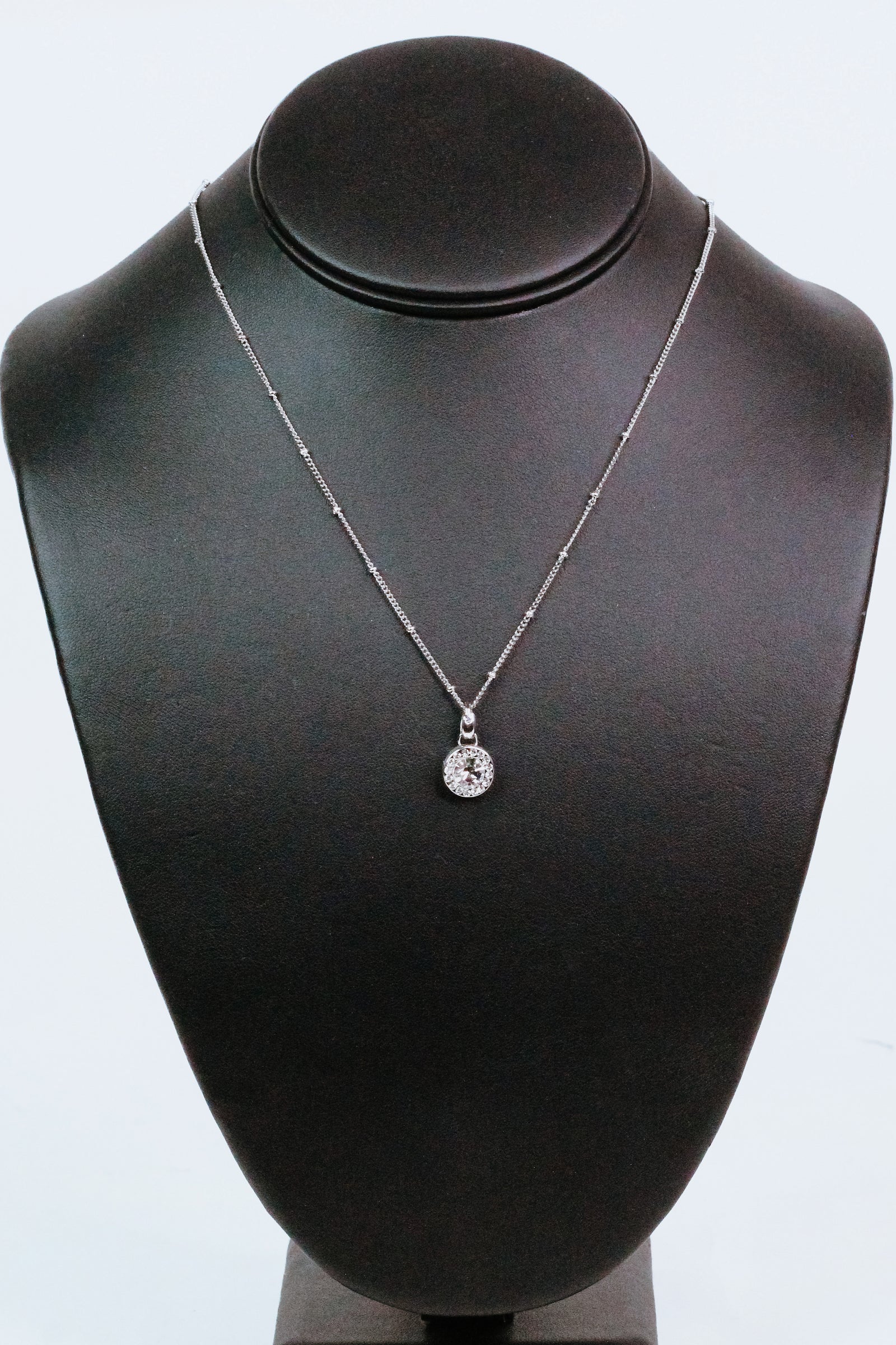 Silver Beaded Necklace w/ Circular Center Stone