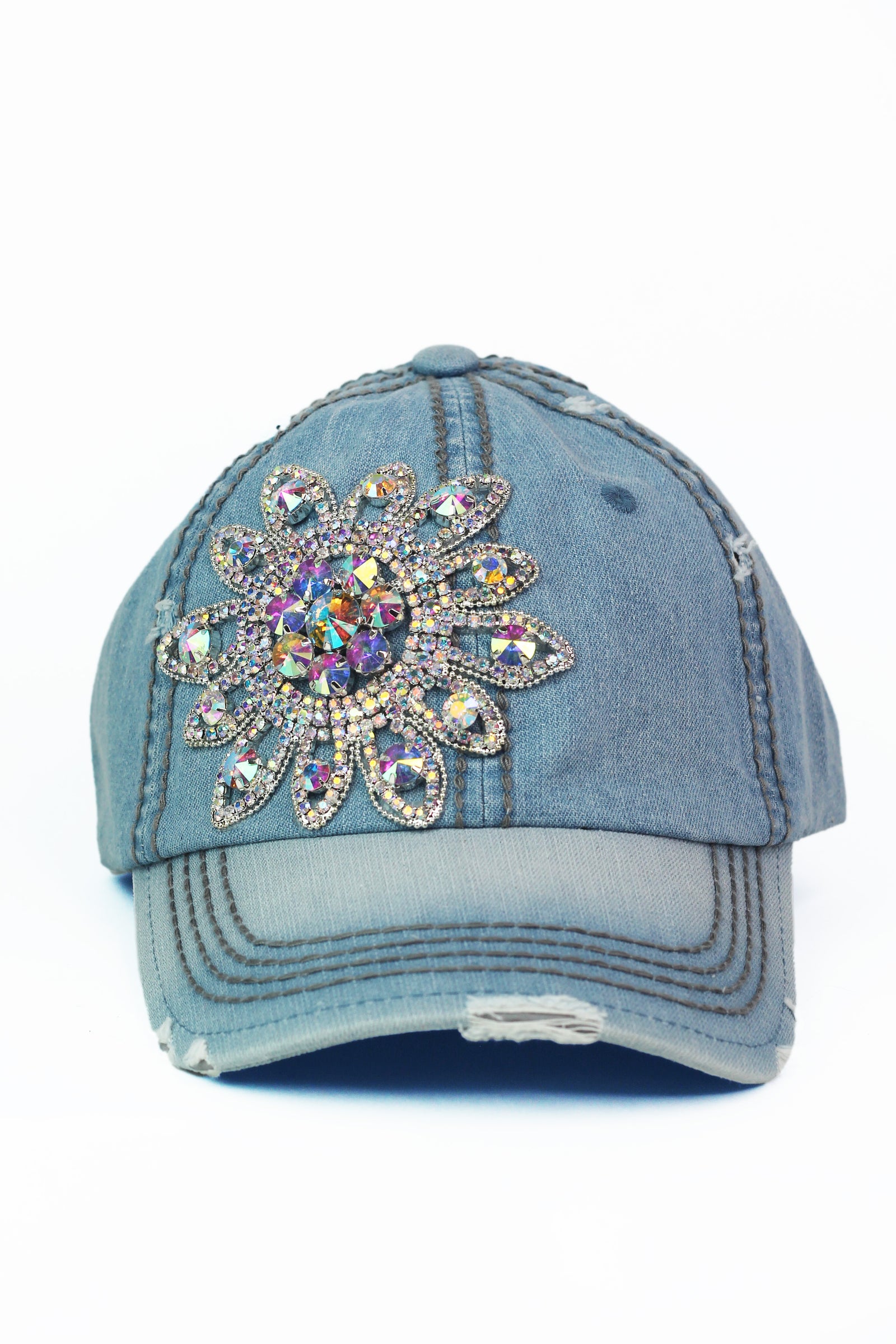 AB Rhinestone Flower Distressed Baseball Hat