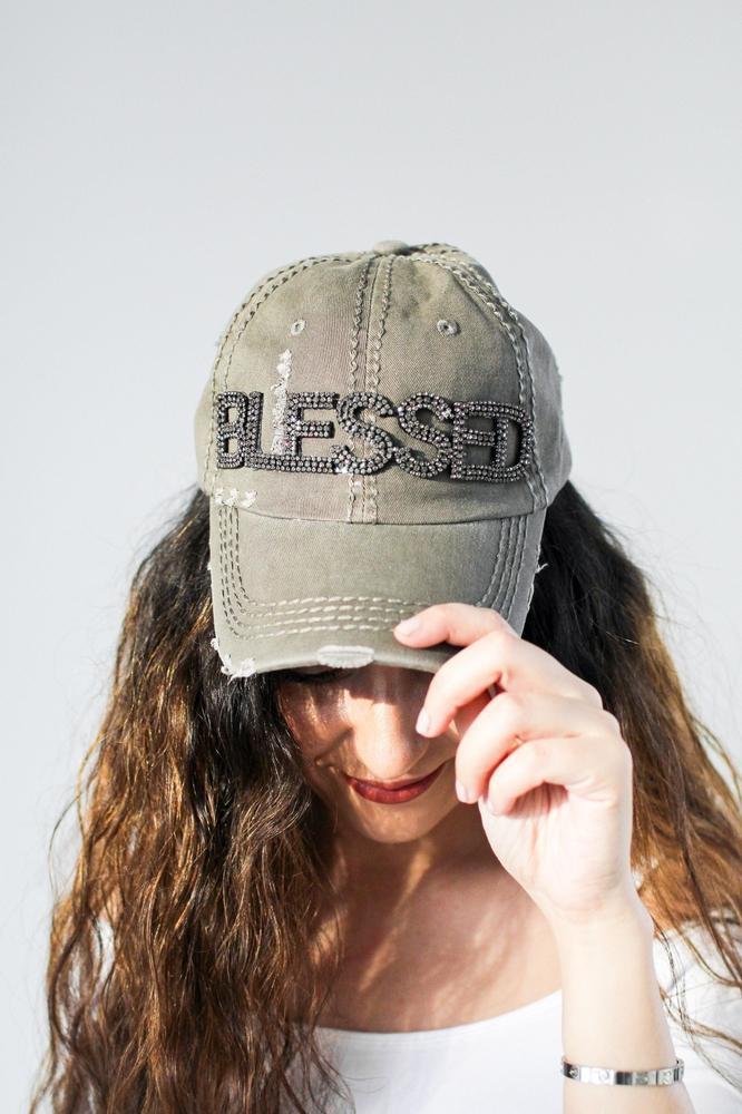 Distressed Rhinestone Blessed Baseball Hat