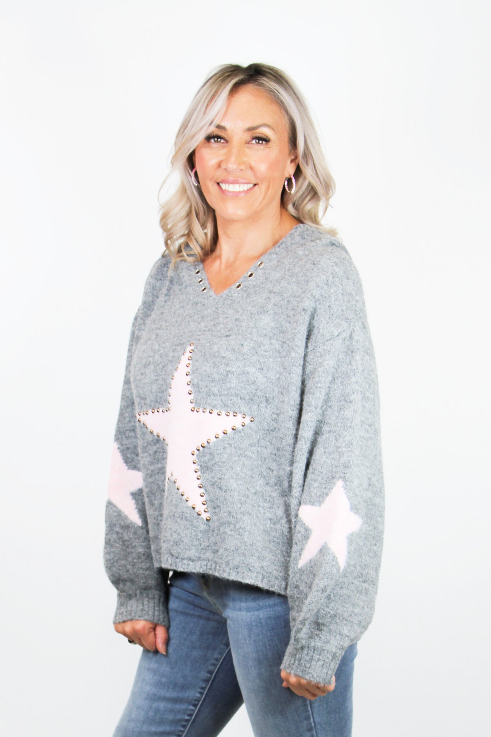 Cropped Hoodie Sweater w/ Studded Star Detail