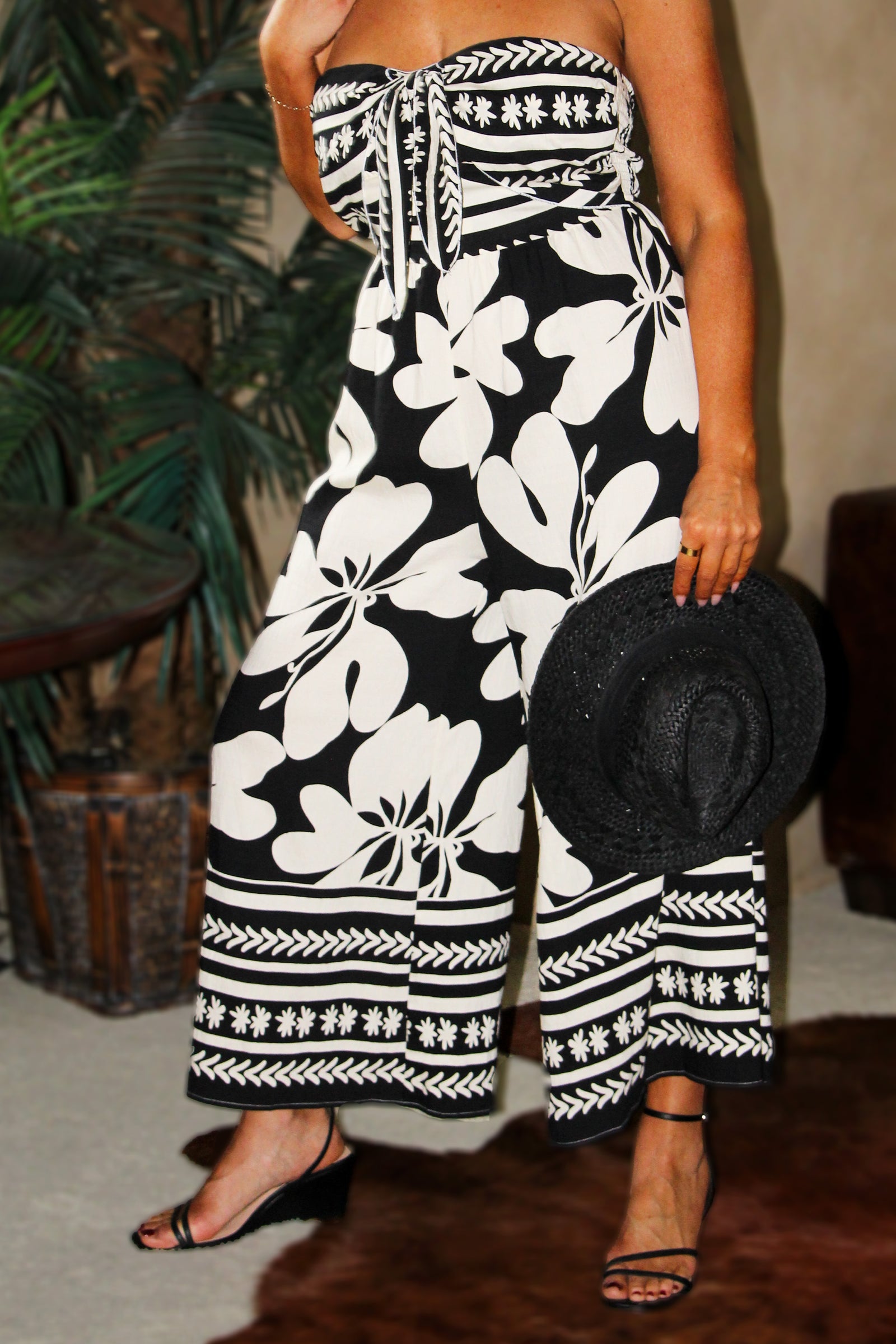 Strapless Floral & Stripe Print Jumpsuit w/ Bust Tie Detail