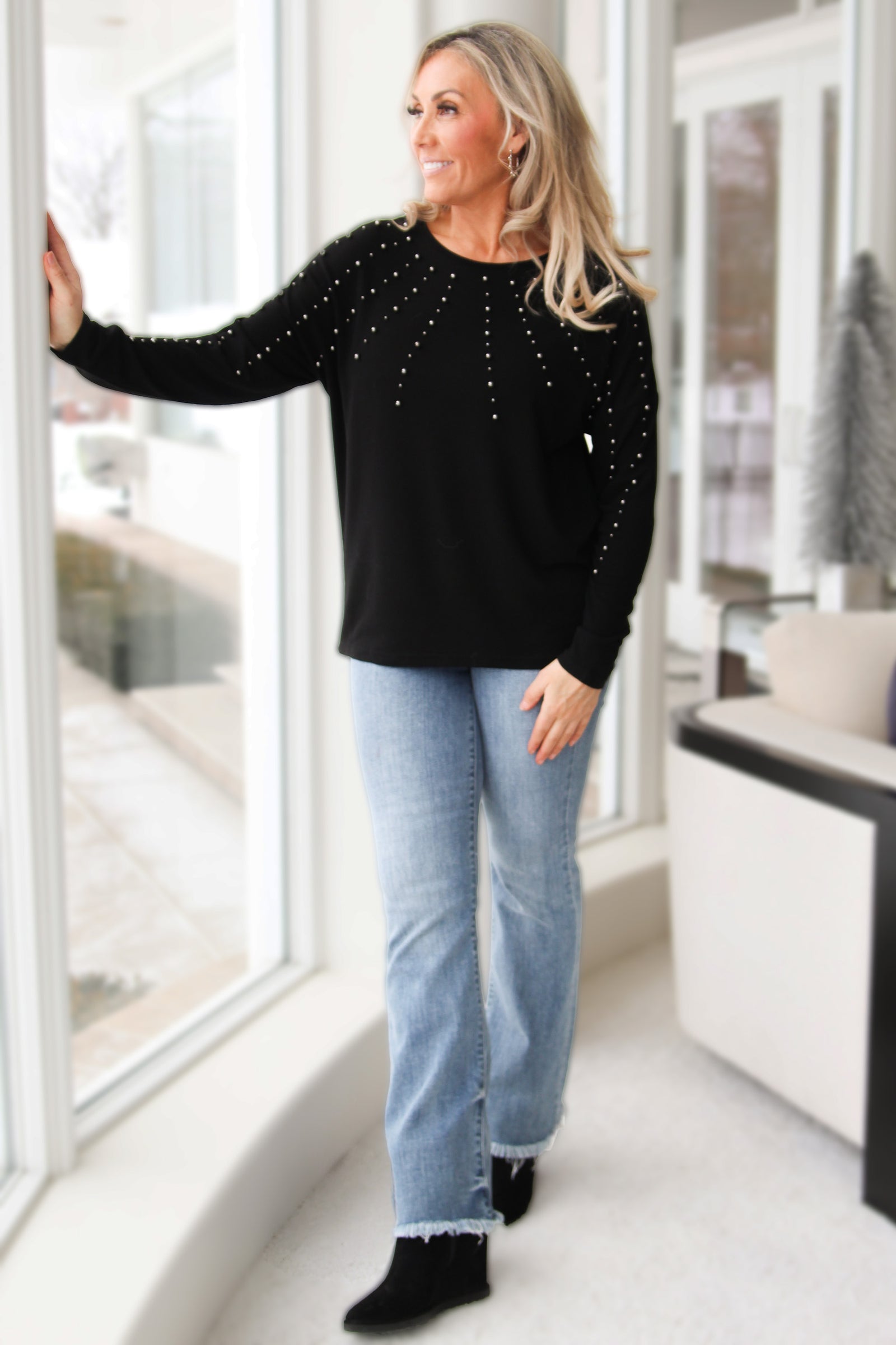 Round Neck Long Sleeve Top w/ Studded Accent