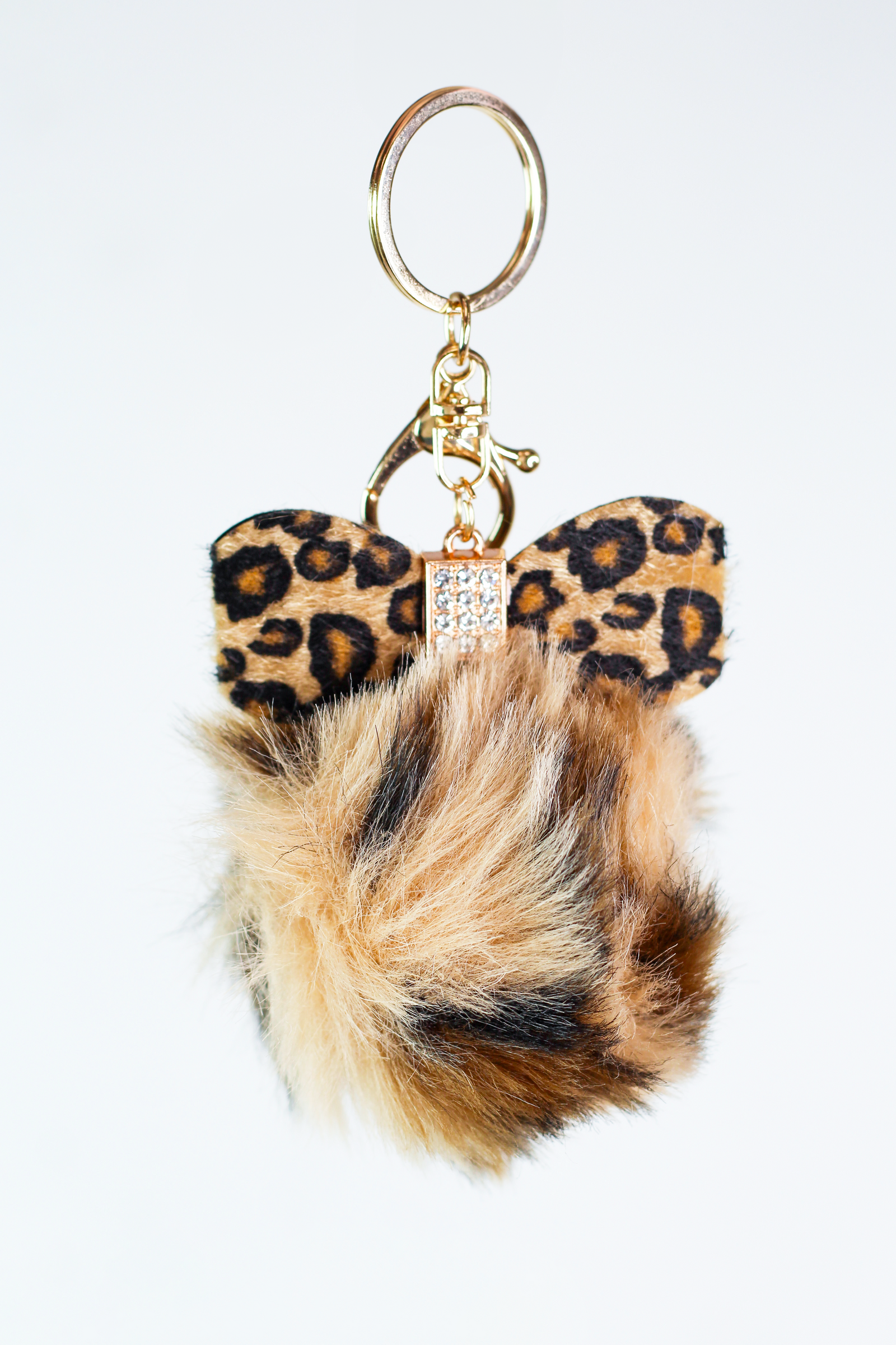 Fabric Leopard Bow & Puff Ball Keychain
