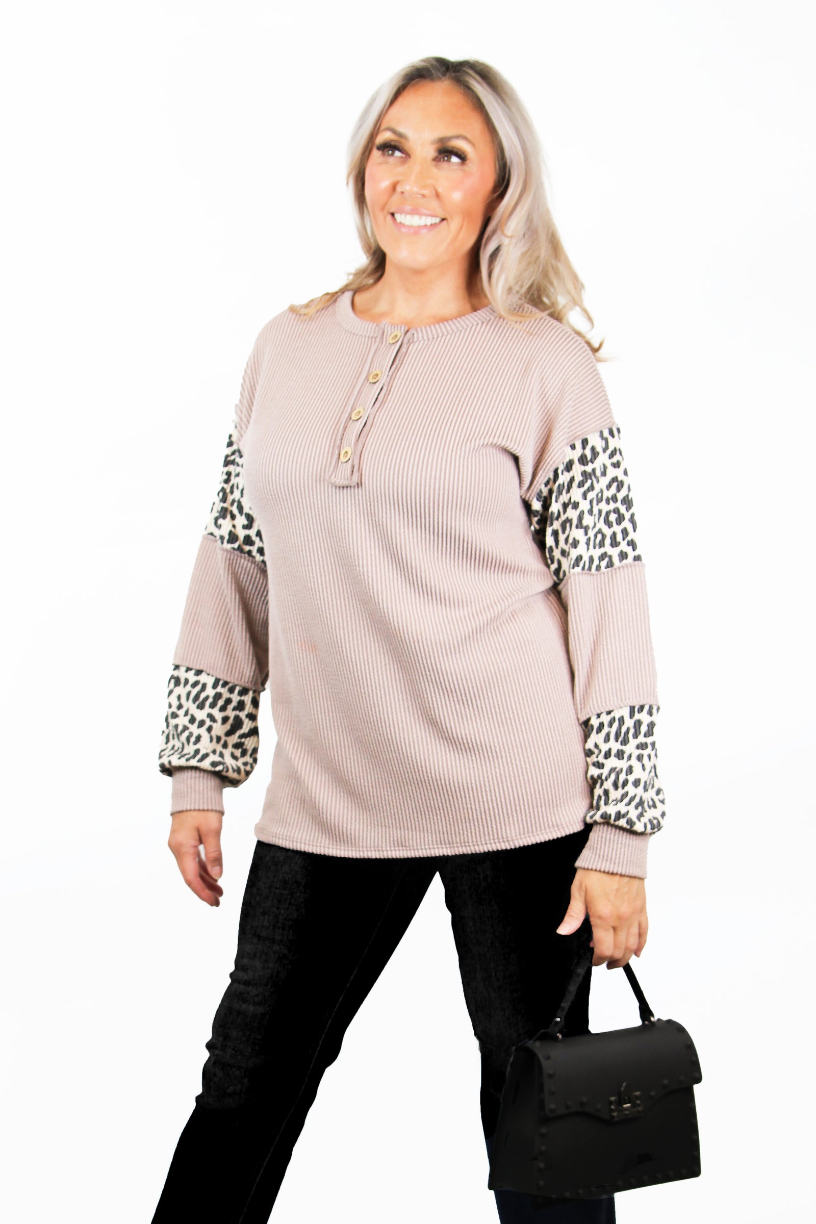 Half Button Leopard Accent Arm Design Top