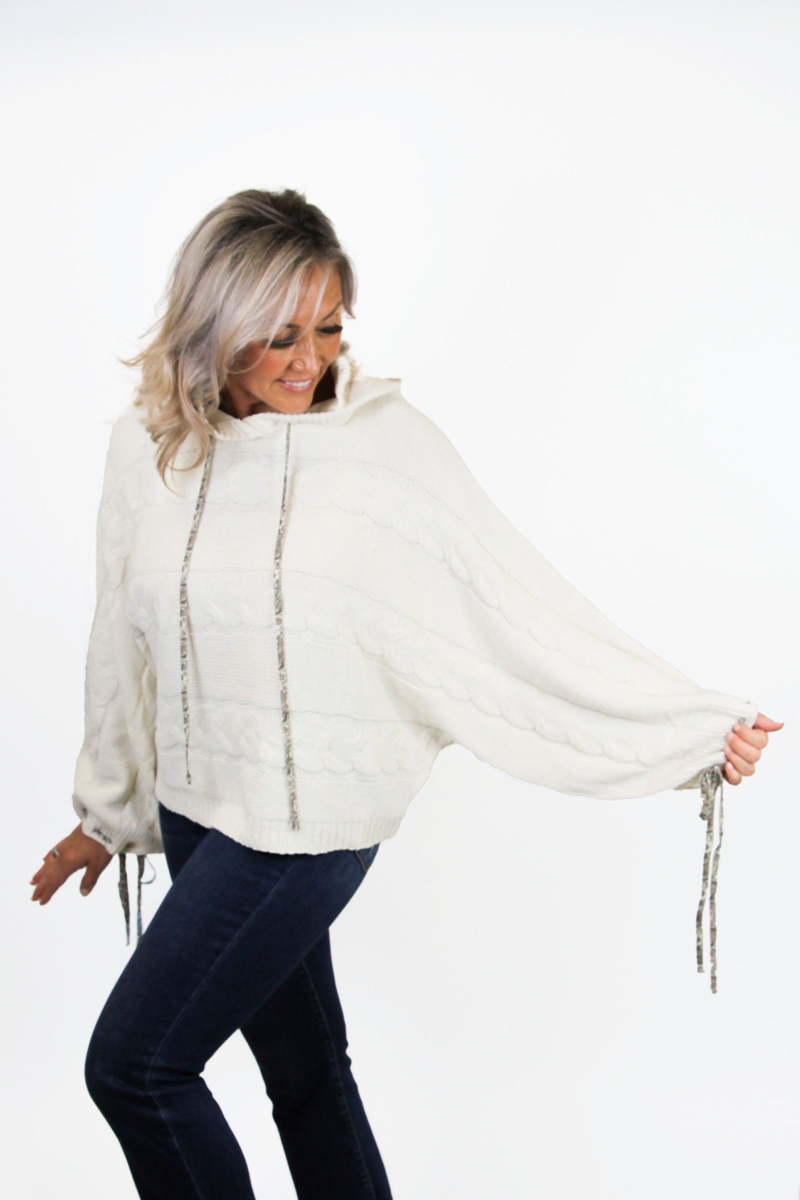 Twist & Weave Oversized Balloon Sleeve Hoodie Sweater w/ Detailed ribbon accent