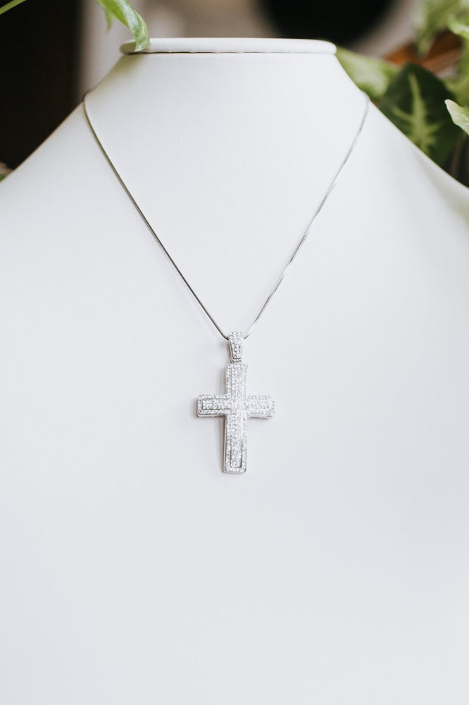 Metal Outline Two Rhinestone Cross Necklace