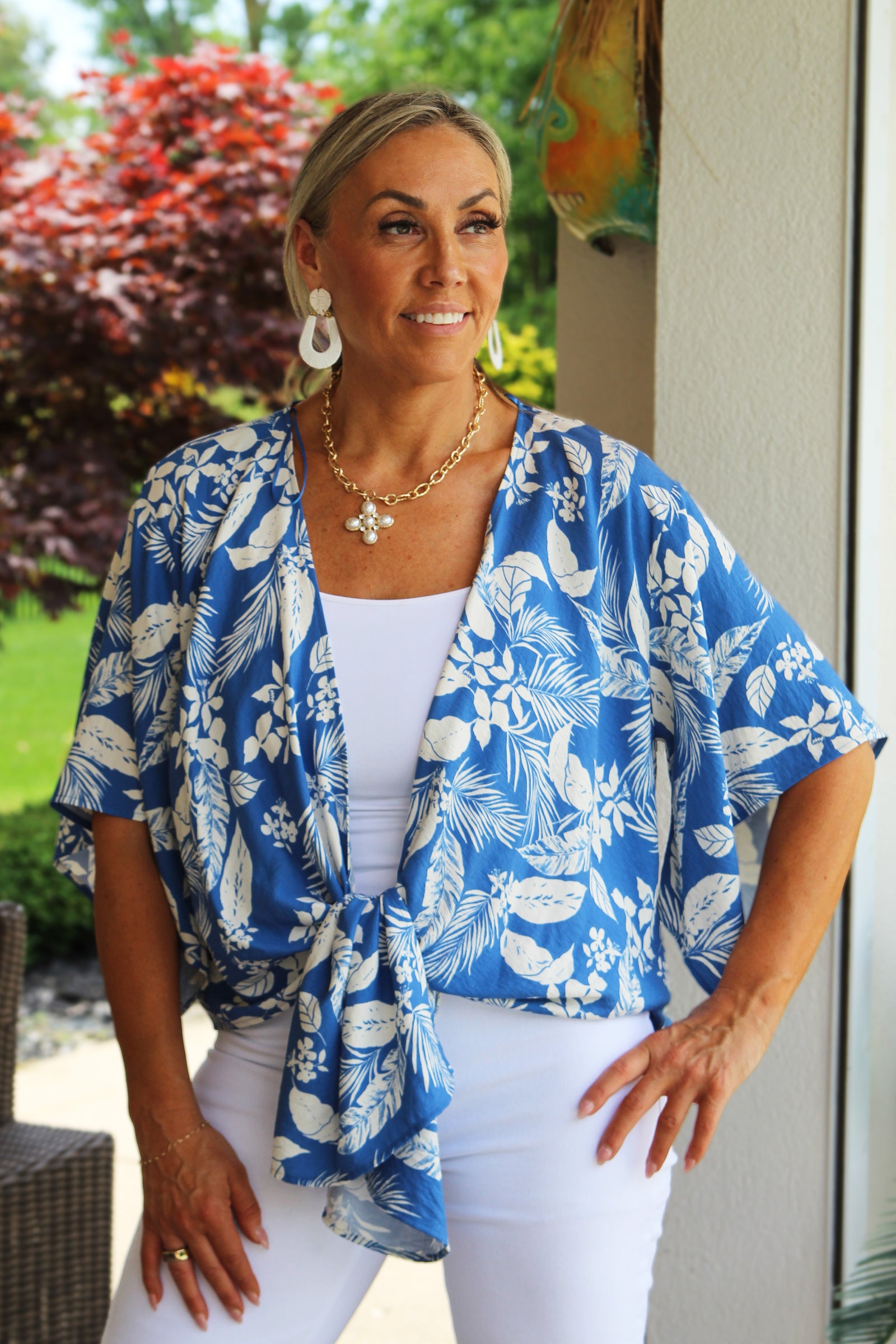 Tropical Leaf Print Tie Front Kimono Cardigan