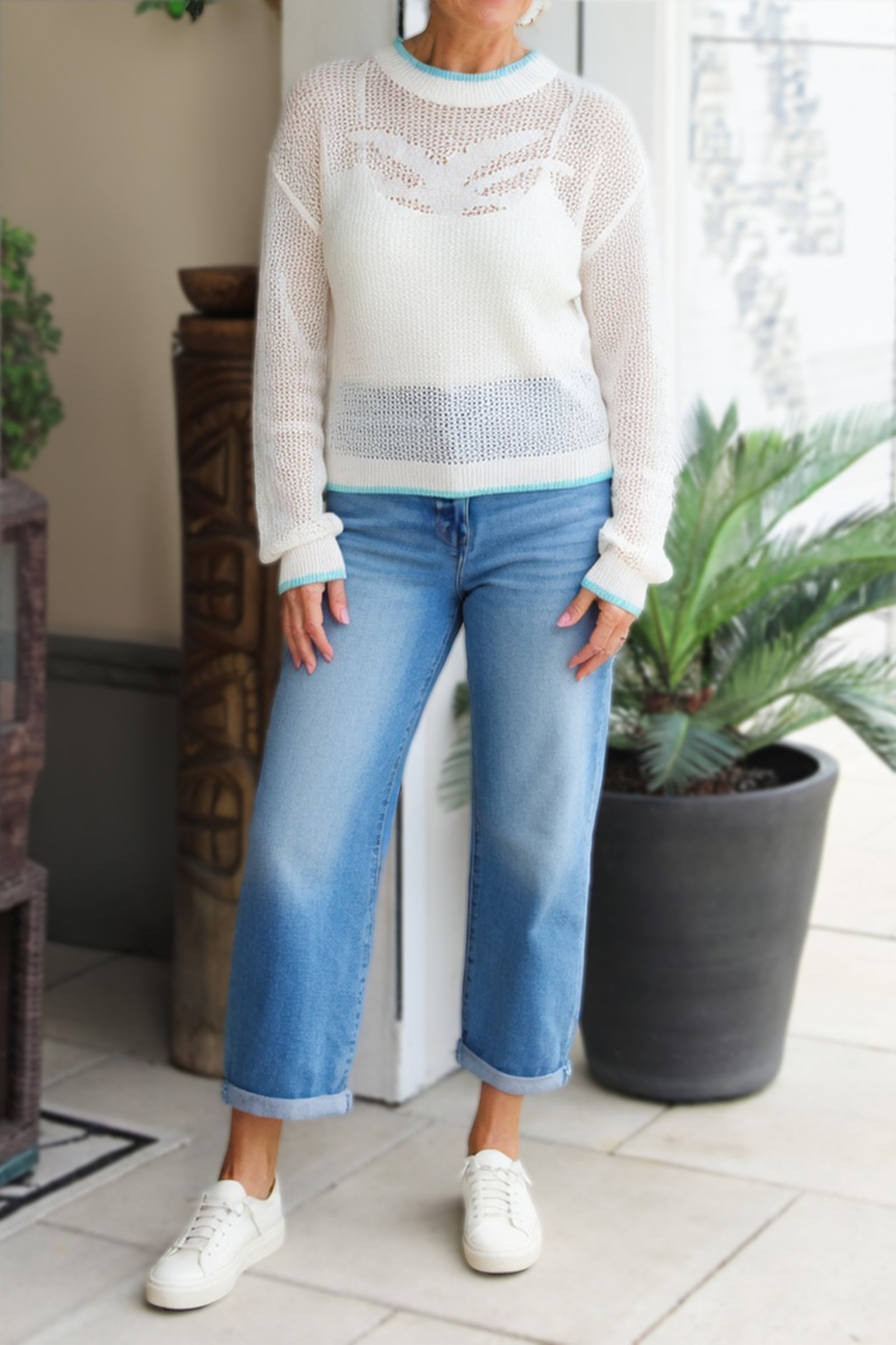 Open Knit Palm Tree Sweater w/ Contrast Trim