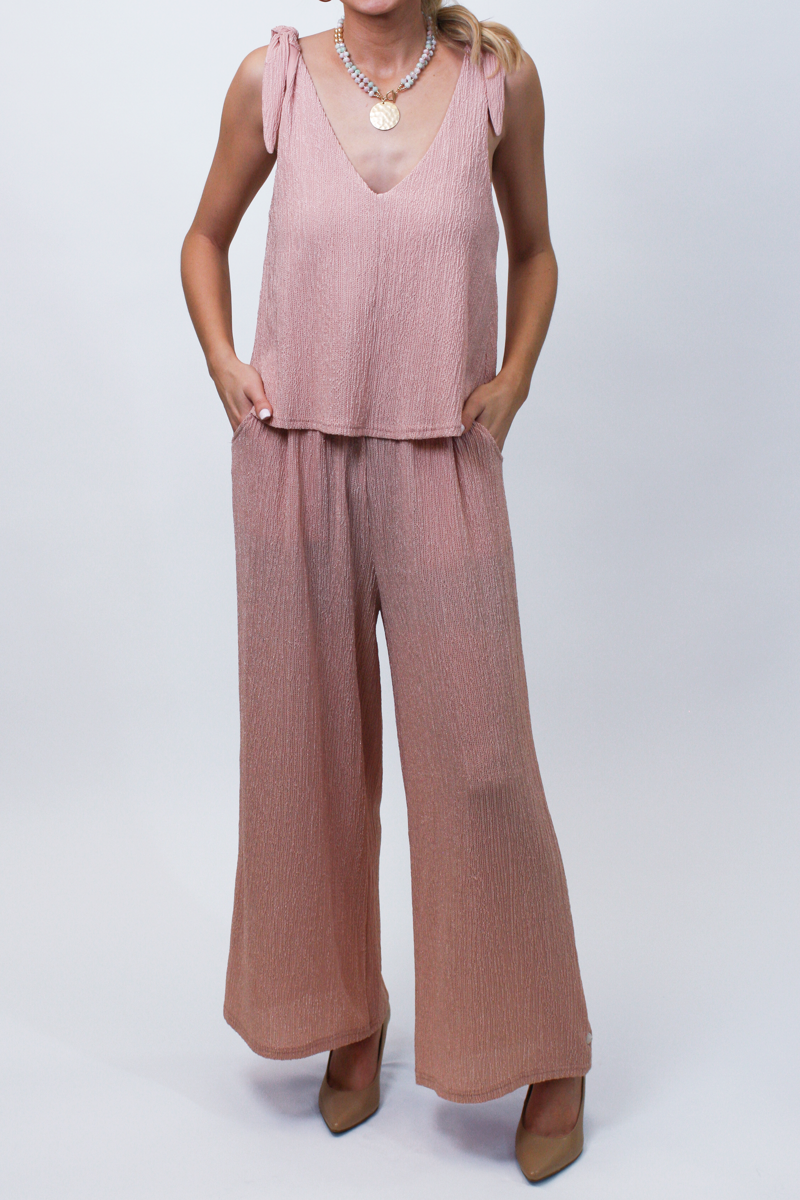 Crinkle Knit V-Neck Sleeveless Jumpsuit w/ Shoulder Ties