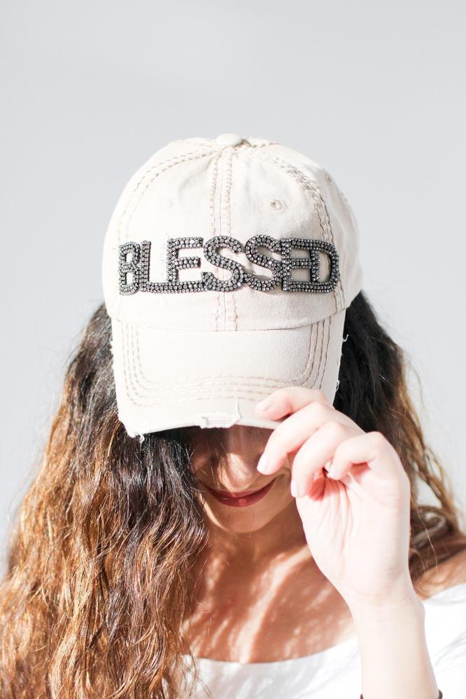 Distressed Rhinestone Blessed Baseball Hat