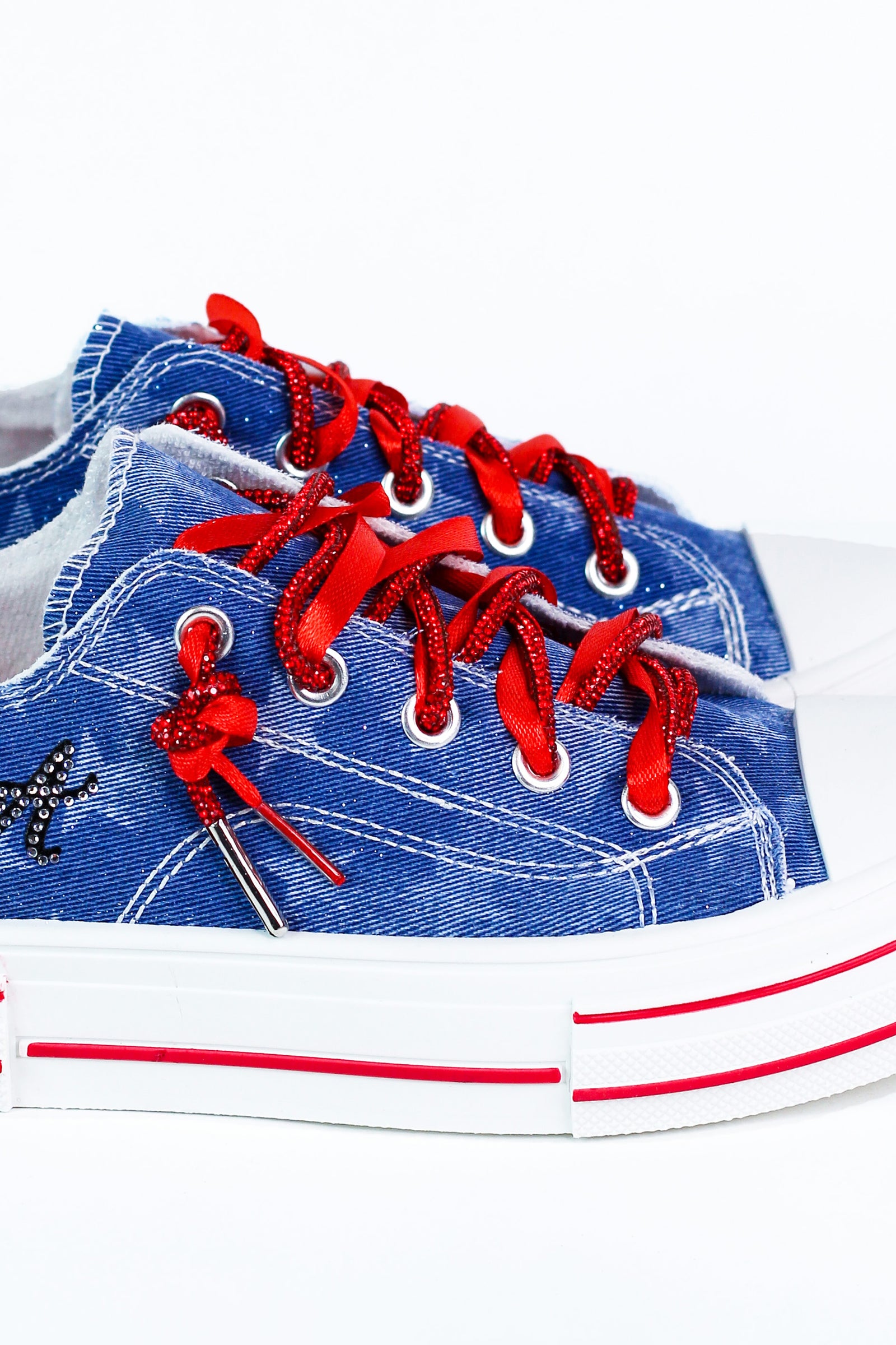 USA Stars Denim Sneakers w/ Rhinestone & Ribbon Laces