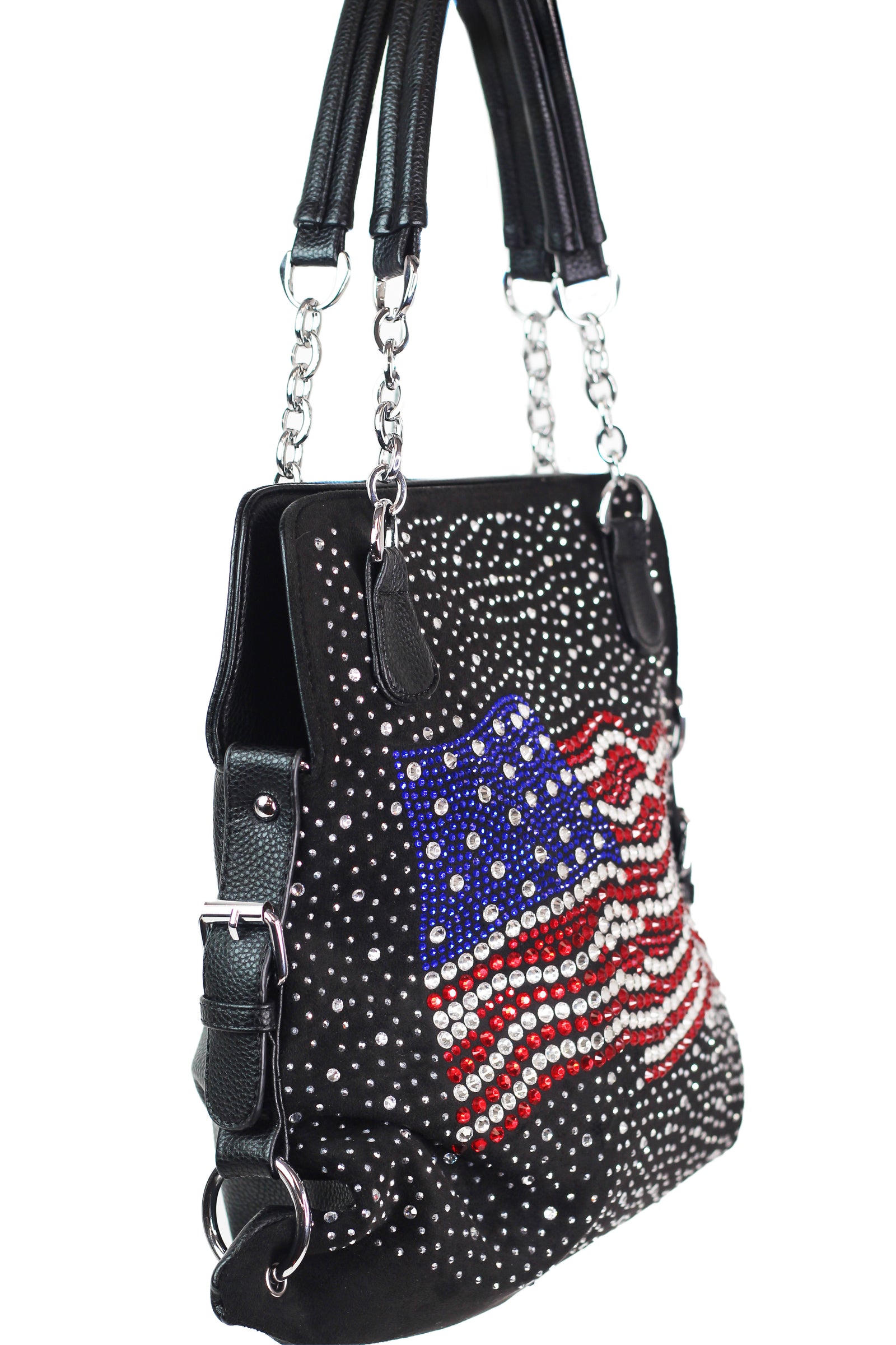 Wavy USA Flag & Scattered Rhinestones Double Strap Handbag