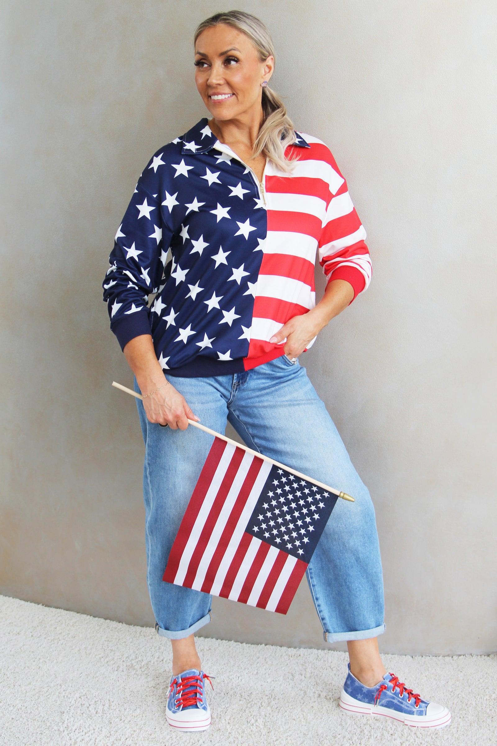 USA Flag Quarter Zip Oversized French Terry Sweatshirt