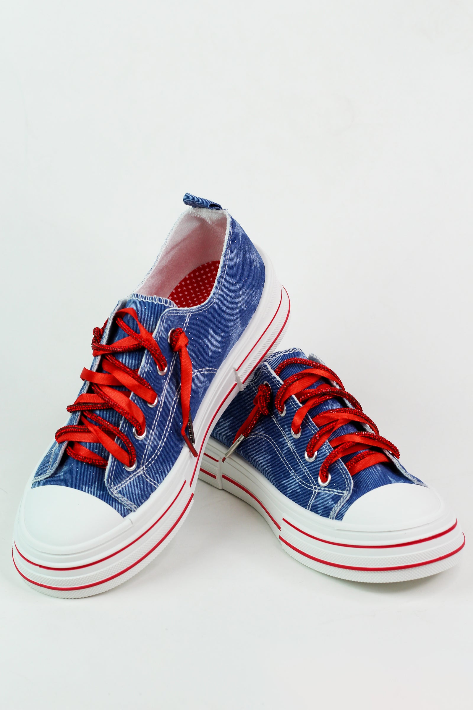 USA Stars Denim Sneakers w/ Rhinestone & Ribbon Laces