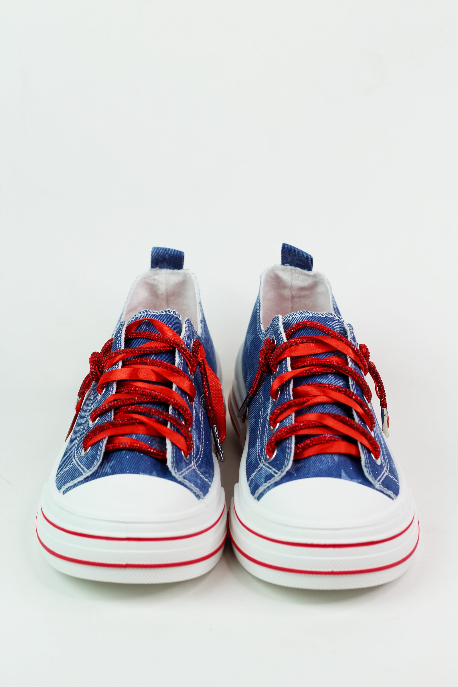 USA Stars Denim Sneakers w/ Rhinestone & Ribbon Laces