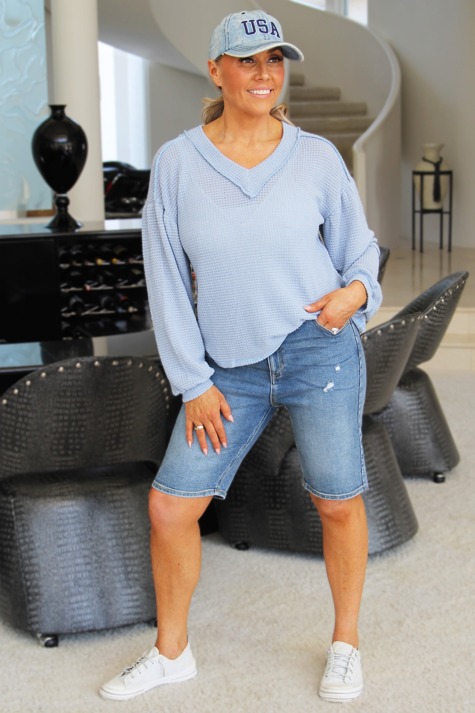 Lightweight Waffle Knit Long Sleeve Sweater